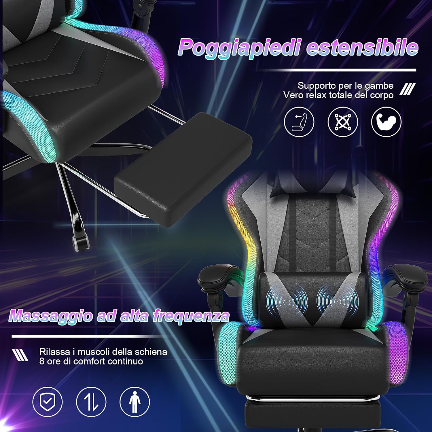 Devoko Sedia da Gaming con Massaggiante Schienale Regolabile 90-135°, Sedia Gaming con LED e Poggiapiedi Telescopico,Poltrona Gaming Ergonomica Portata 150 kg (Gray)