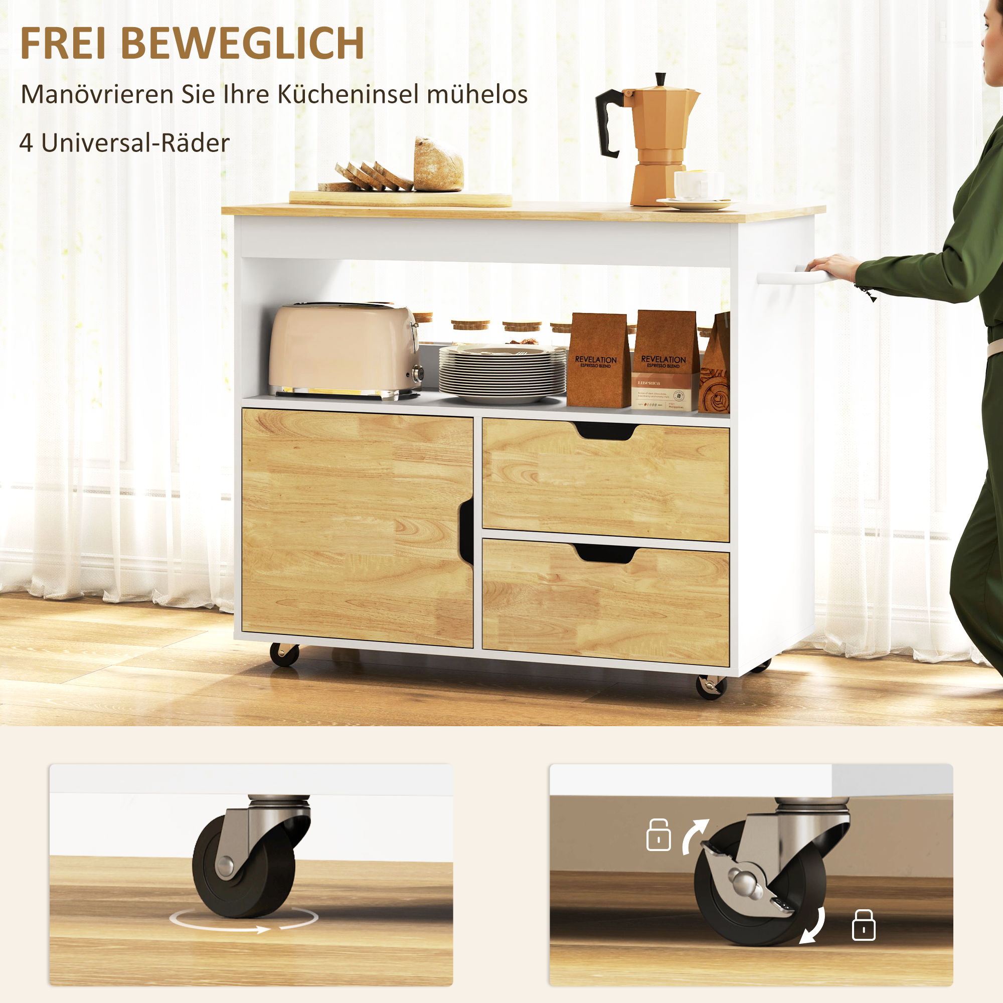 Keukentrolley, Rolbaar Keukeneiland, Keuken-Trolley met Vakken, Kast en Werkblad, Wit