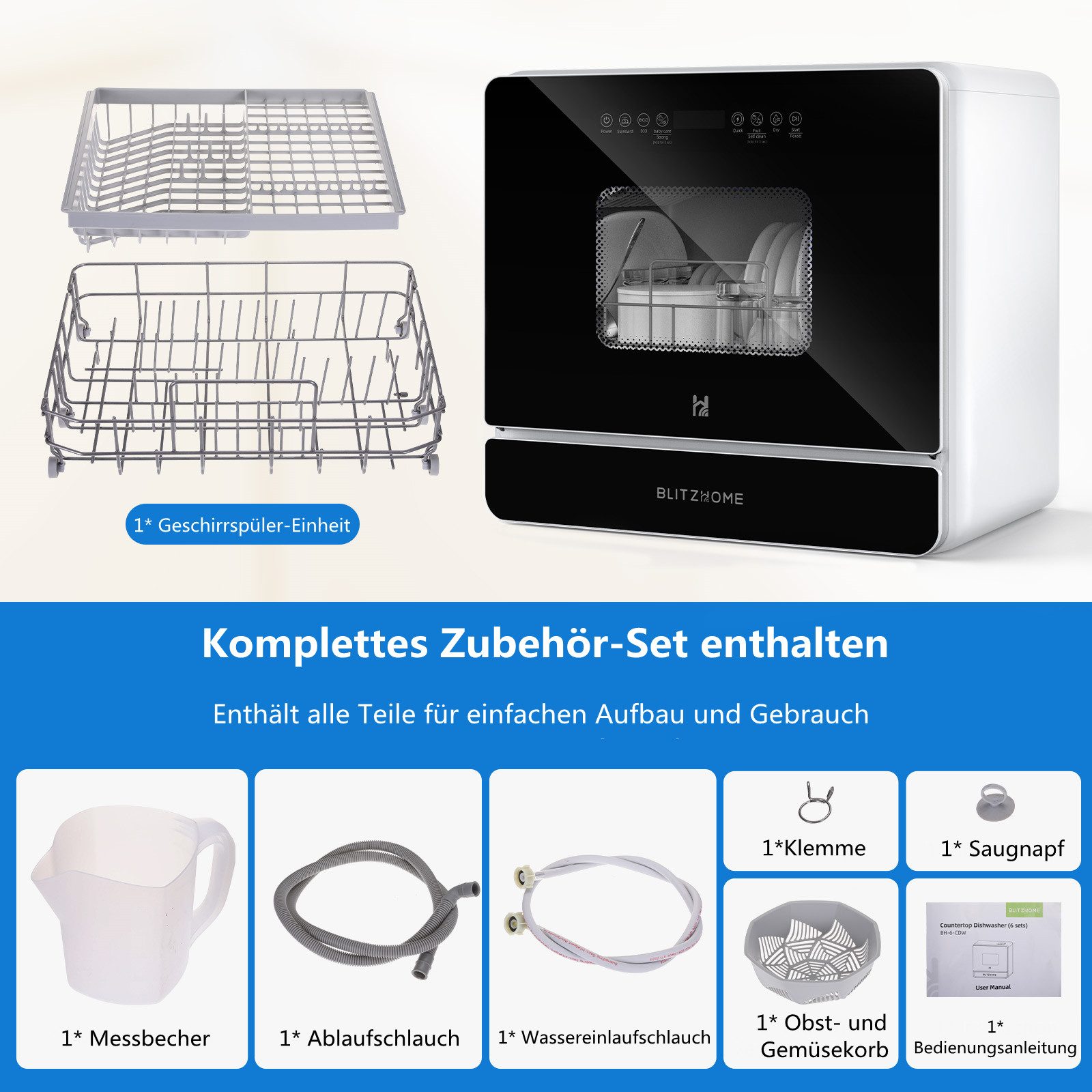 Tischgeschirrspüler Spülmaschine 8 Modi 3 Sprüharme BH-6-CDW