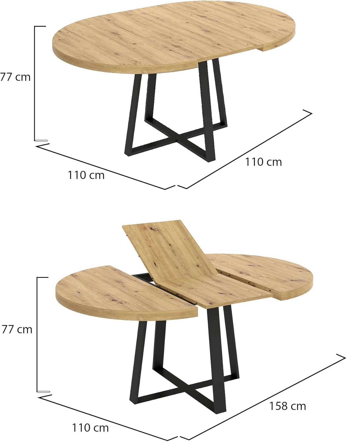 Dmora -Tavolo allungabile Casarola, Consolle estensibile rotondo, Tavolo da pranzo multiuso ovale, 110/158x110h77 cm, Rovere Nodi