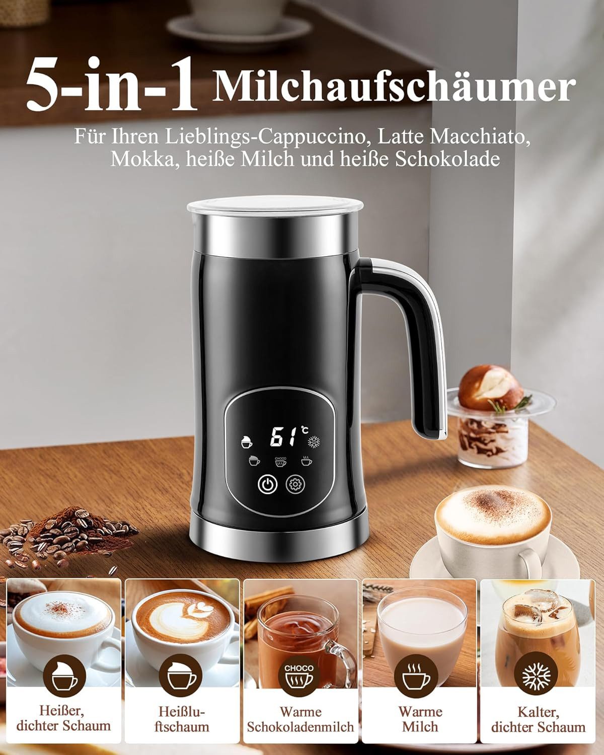 Milchaufschäumer Elektrisch 5 in 1 - Automatische 350 ml Großes Fassungsvermögen