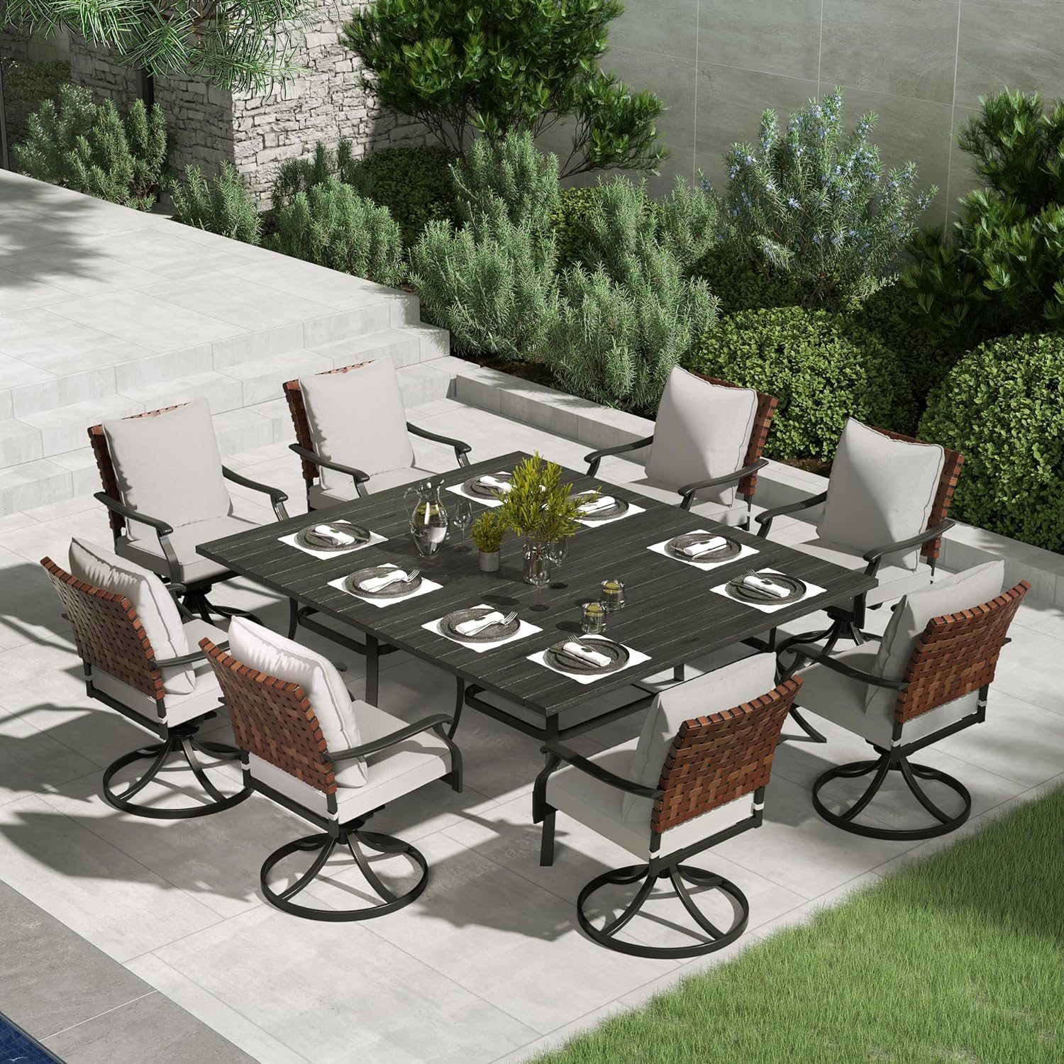 10 Piece Outdoor Dining Set 8 Leather-Look Wicker Swivel Patio Chairs