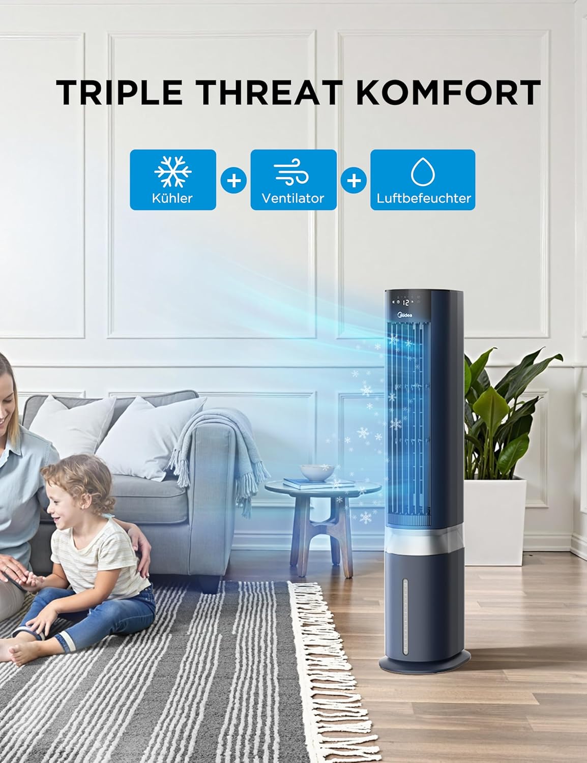 Midea Sensicool Luftkühler mit 7L Wasserkühlung | Mobile Klimaanlage ohne Abluftschlauch | Ventilator mit Wasserkühlung | 2000m³/h Verdunstungskühler, 6 Geschwindigkeiten, Touch-Display (Blau)