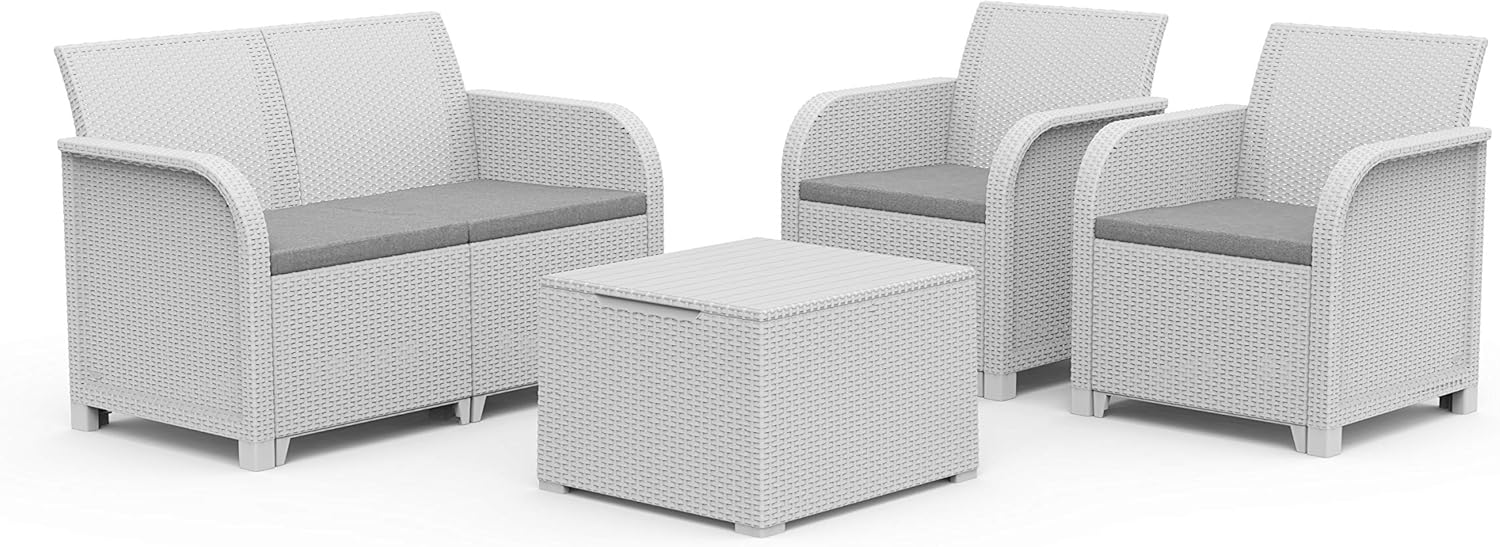 Keter Rosalie Lounge Set with Cushions – Armchairs 65 x 63 x 74 h Sofa 113 x 65 x 74 H Storage Table 60 x 55 x 39 H White