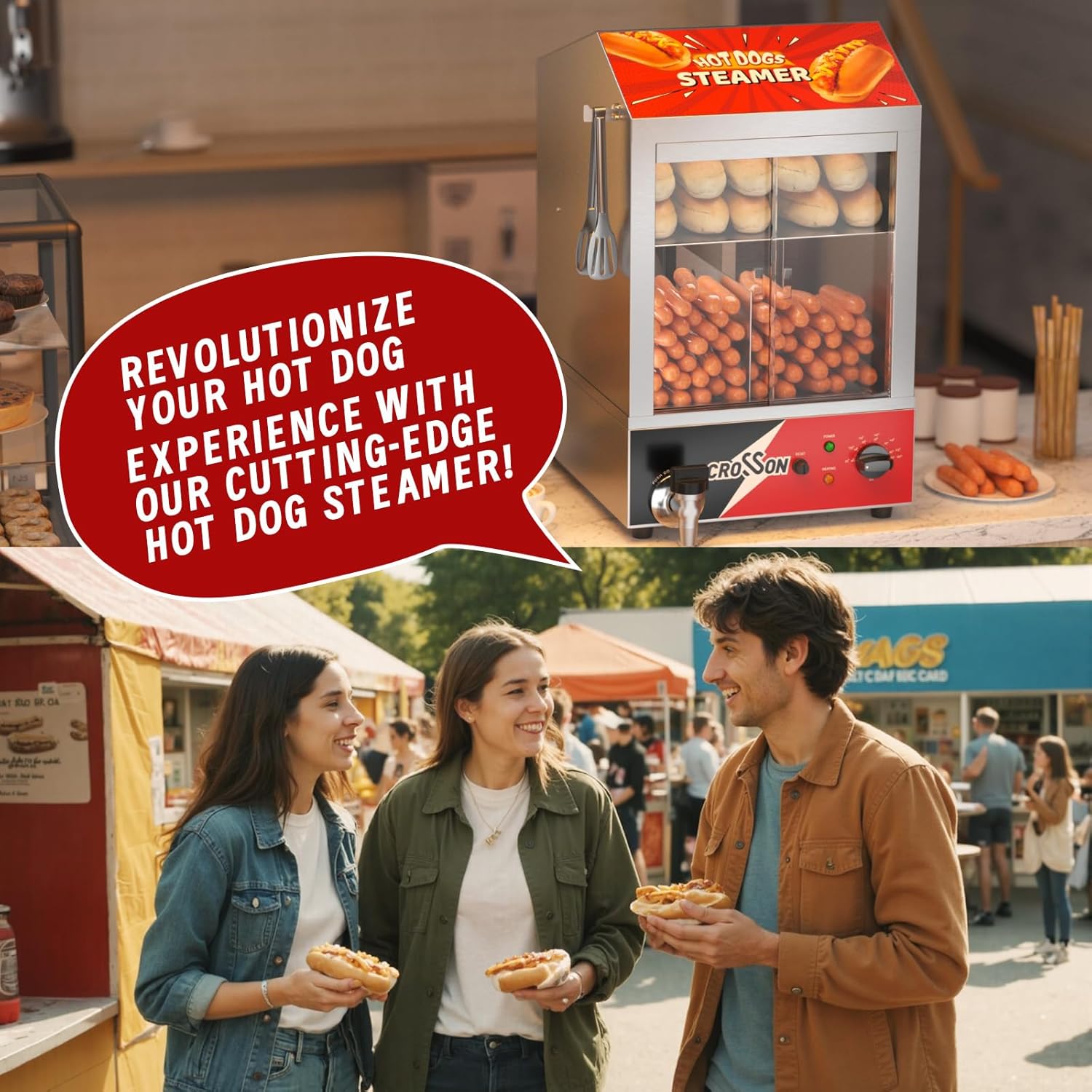 CROSSON Hot Dog Dampfgarer, 42L, 2-stöckiger Hot Dog Hut Dampfgarer, 175 Hot Dogs und 50 Brötchen Brötchen Fassungsvermögen Brötchenwärmer mit sichtbaren Schiebetüren aus gehärtetem Glas
