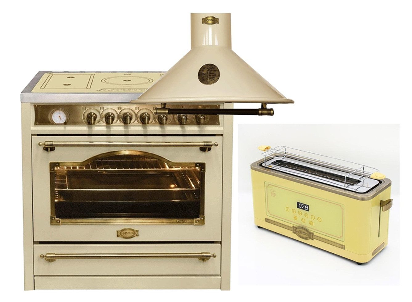 Induktions Herd-Set Elektro Standherd 90 cm, 115 L+Dunstabzugshaube, 90 cm+Retro-Toaster, 6 verschiedene Toaststufen für beste Ergebnisse HC 93655 IElfEm+A 9423 ElfBE ECO+T 4000 ElfEm