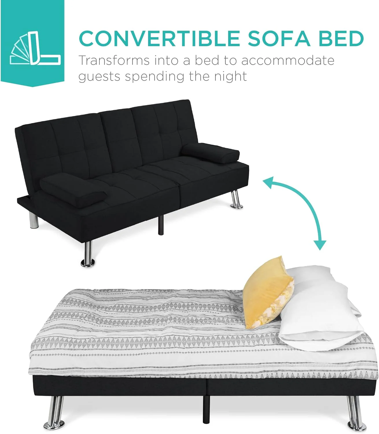 Best Choice Products Linen Upholstered Modern Convertible Folding Futon Sofa Bed for Compact Living Space, Apartment, Dorm, Bonus Room w/Removable Armrests, Metal Legs, 2 Cupholders - Gray