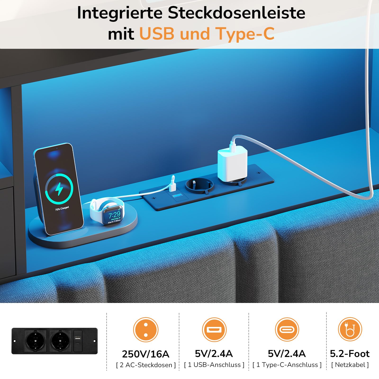 Polsterbett 180x200 cm mit LED-Beleuchtung, Bettkasten und USB-C-Ladestation inkl. Lattenrost