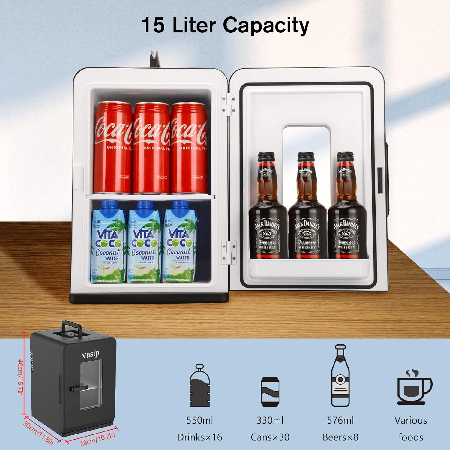 Vasip Mini Fridge 15 L, Portable with Cooling and Heating Function, Small Drinks Fridge for Home, Office, Camping and Car (AC/DC)