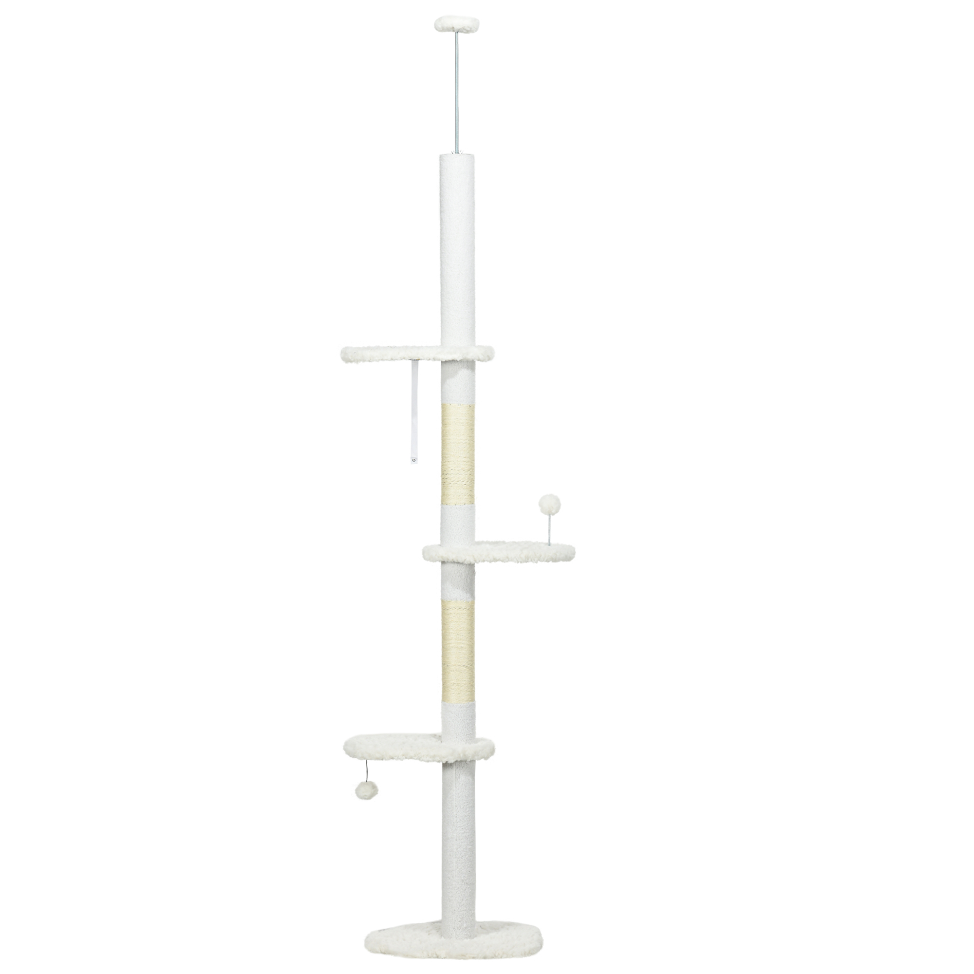 PawHut Deckenhoher Kratzbaum, variable Höhe 2,25-2,55 m, Sitzplattformen, Kippschutz, Spielbälle, weiß
