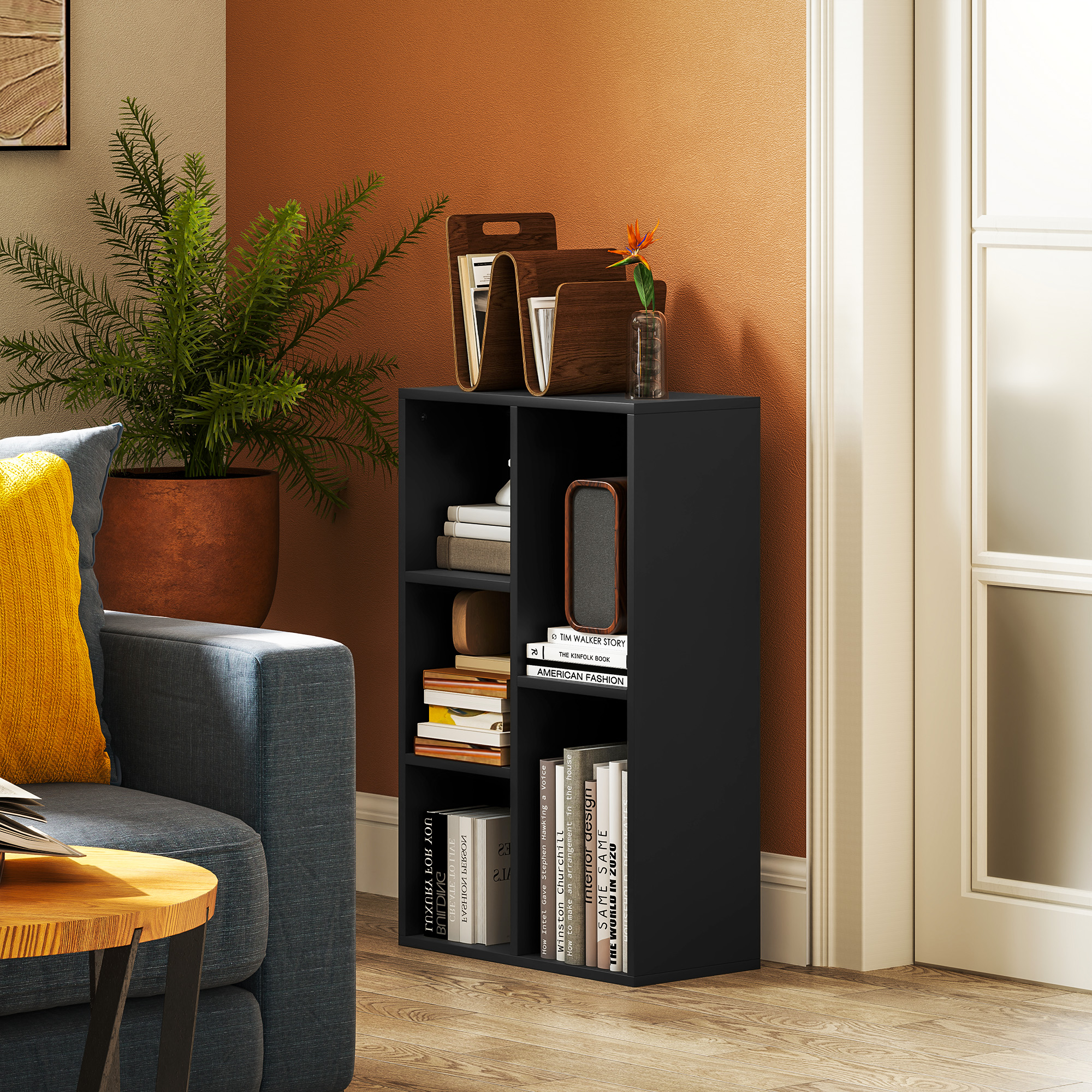 HOMCOM Bücherregal Regal mit 2 Ebenen und 5 Fächern, für Wohnzimmer Schlafzimmer Büro, 50x24x80cm, Schwarz