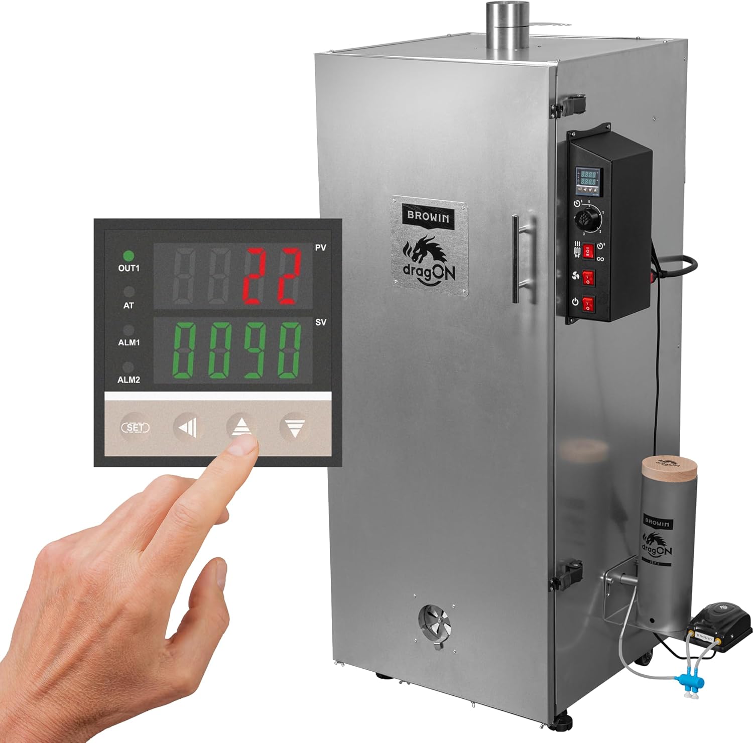 BROWIN dragON Räucherofen | Elektrisch | Stahl | 1500W | 220L Fassungsvermögen | 50x51x125cm | 49,1kg | Digitale Steuerung | Räucherset | 330350