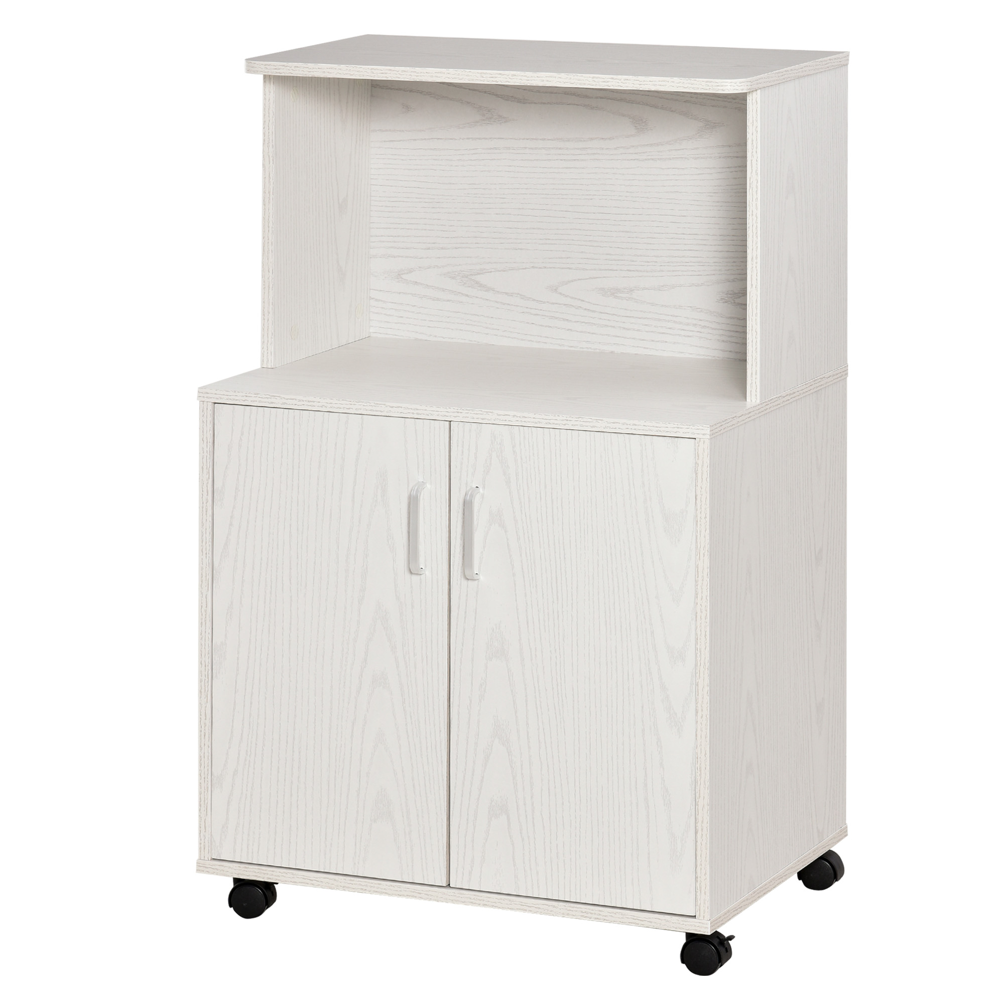 HOMCOM Rollbarer Mehrzweck-Küchenwagen mit Rädern, Schrank und Ablage für die Mikrowelle, hoher Schrank aus Spanplatte, 60,4x40,3x97cm Weiß