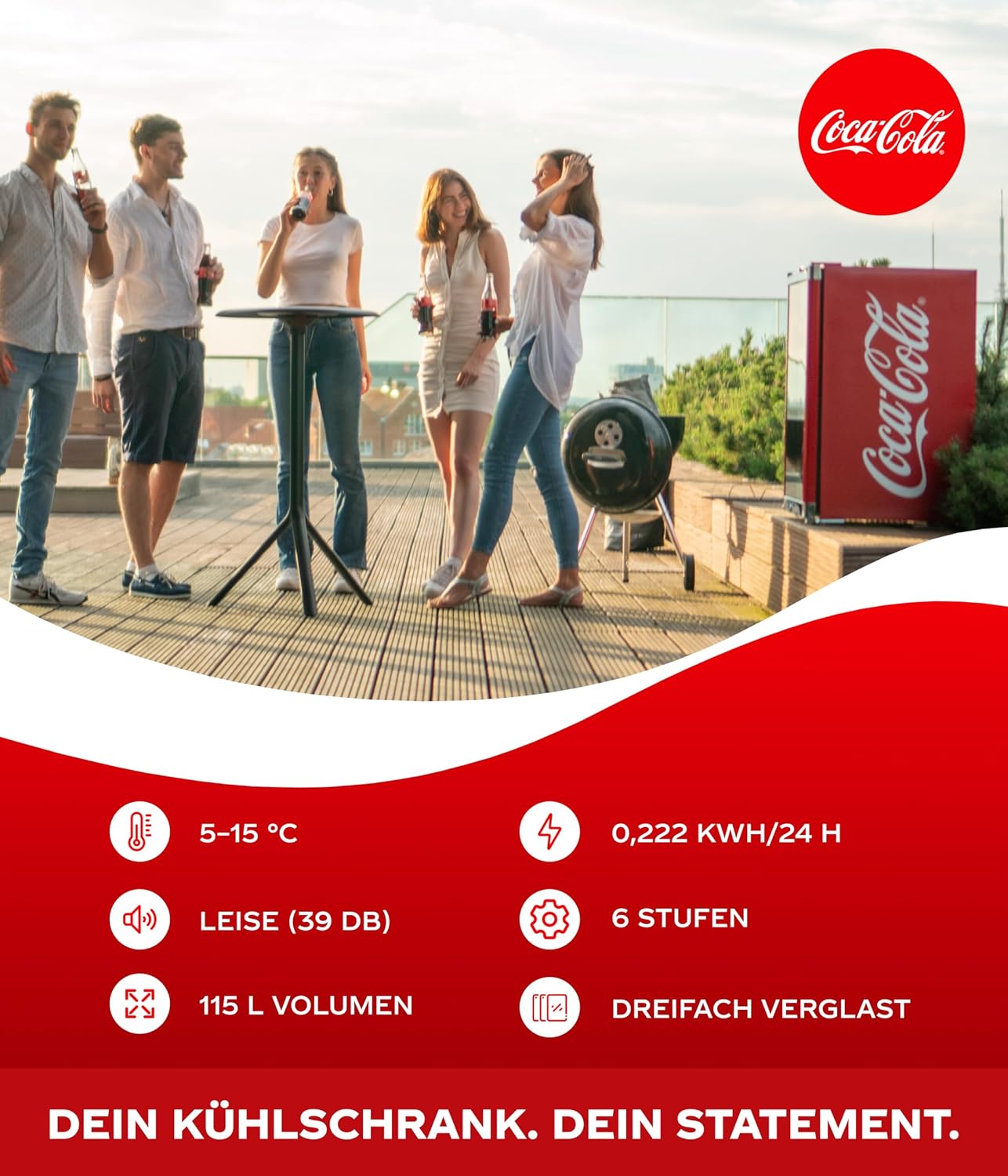 °CUBES Coca Cola Kühlschrank 115L | Getränkekühlschrank groß mit Glastür, perfekt für Partys & Gewerbe | Energieeffizient, 84,5 cm hoch, 104 kWh/Jahr - Flaschenkühlschrank groß