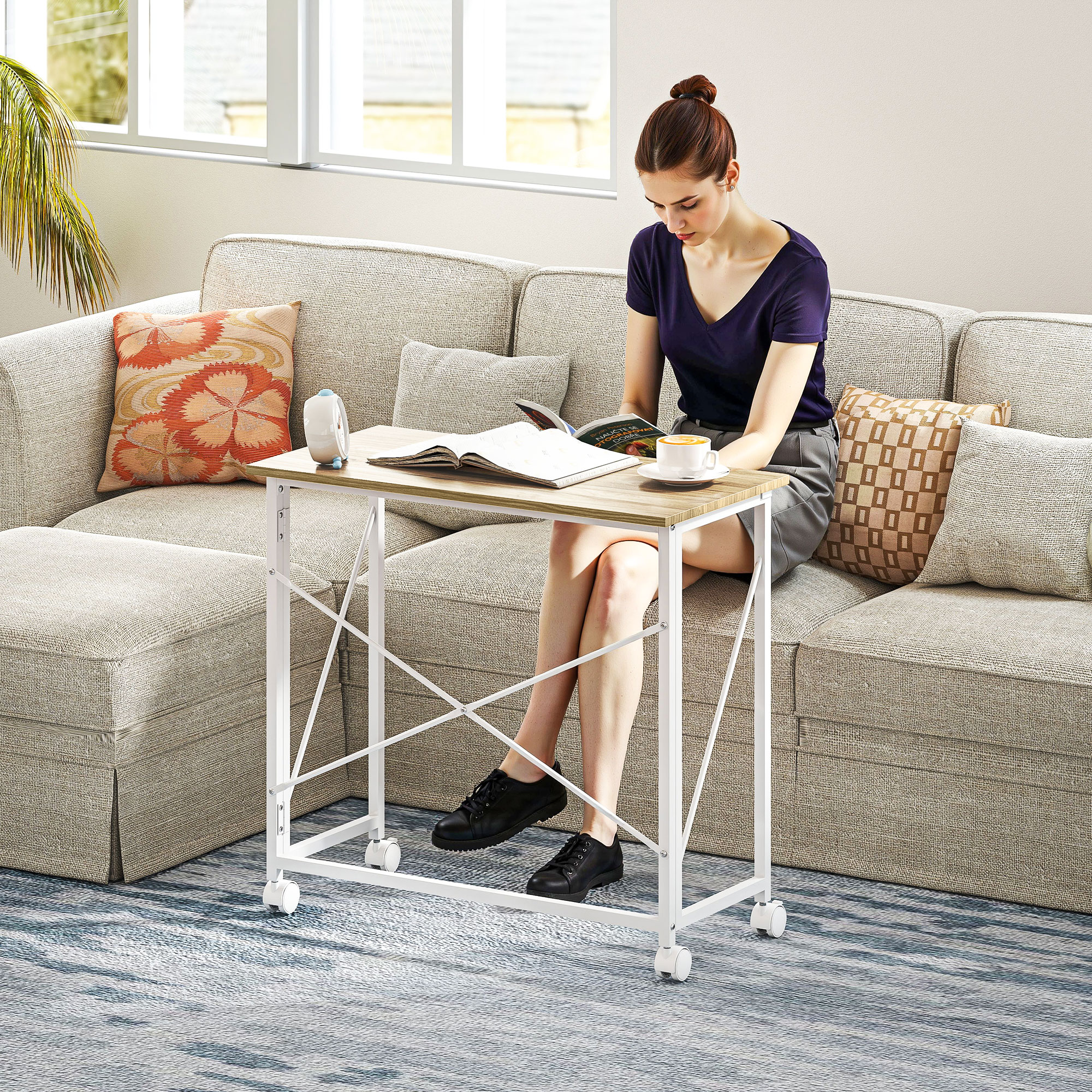 HOMCOM Klappbarer Computertisch 80 x 40 cm auf Rollen für Homeoffice, Schlafzimmer, kleine Räume, Eiche