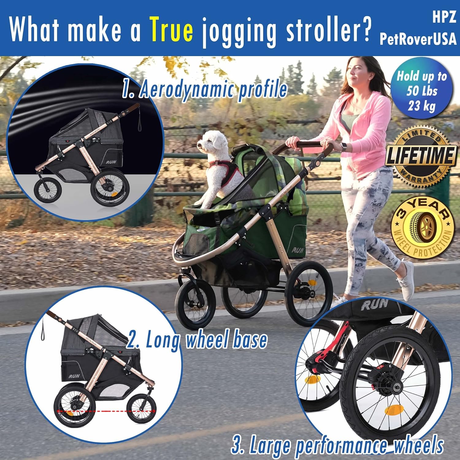 Jogging Sports Stroller with Comfort Rubber Wheels/Zipper Less Entry/1 Hand Quick Fold/Aluminum Frame for Small/Medium Dogs, Cats and Pets (Green Camo)