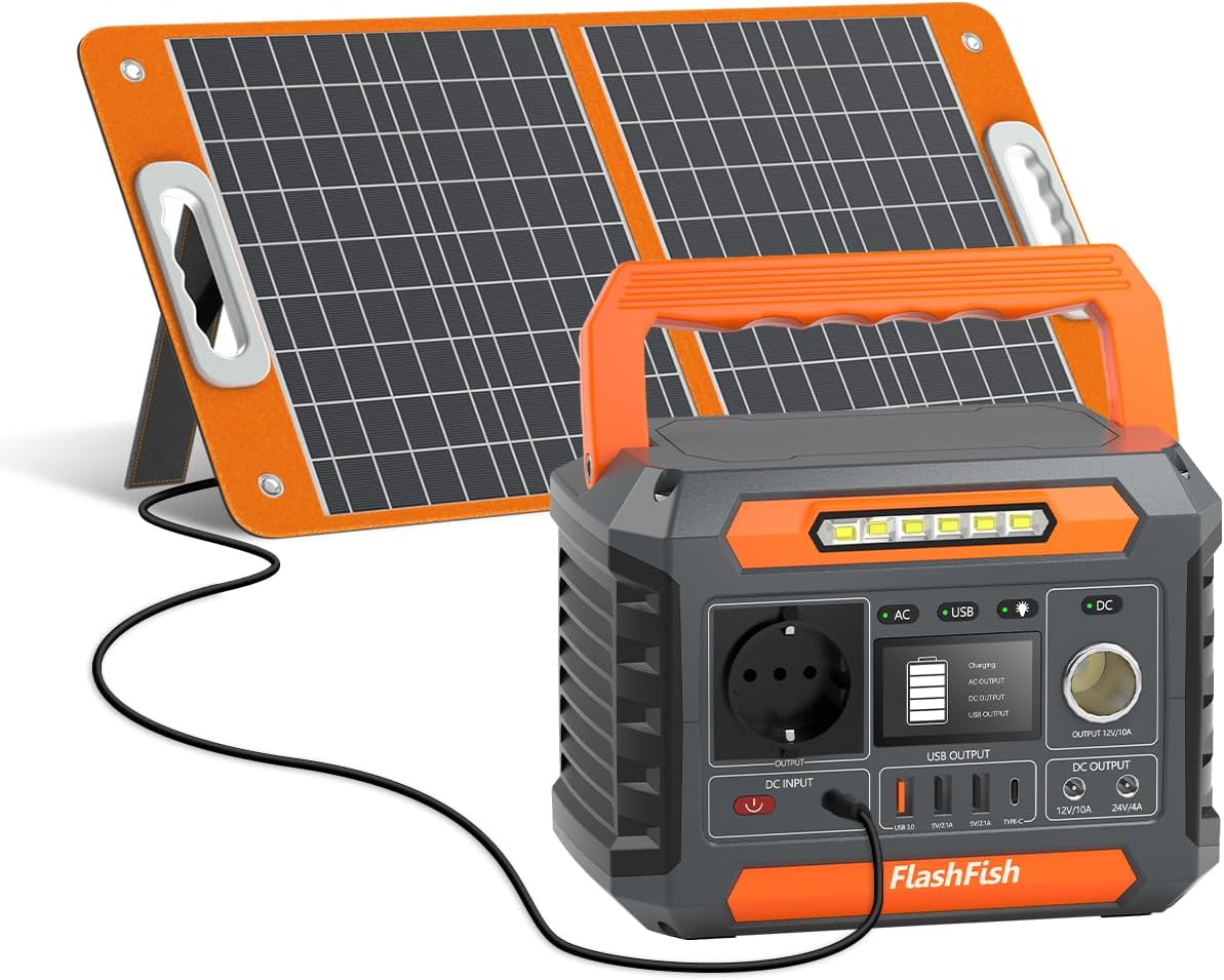 FlashFish - Power station portatile da 144,3 Wh con pannello solare, 60 W, 200 W, con 230 V AC/DC/USB/tipo C/LED, generatore di corrente per campeggio, viaggi, viaggi, in viaggio, alimentazione di