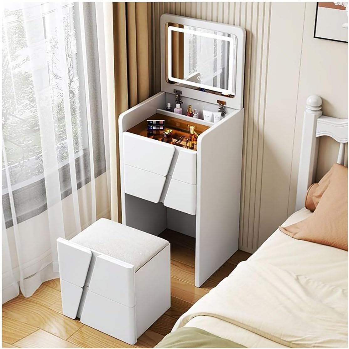 3 in 1 Makeup Desk, Makeup Vanity with Folding Mirror and Brightness Adjustable LED Light, Modern Makeup Desk with 4 Drawers and Padded Stools, White