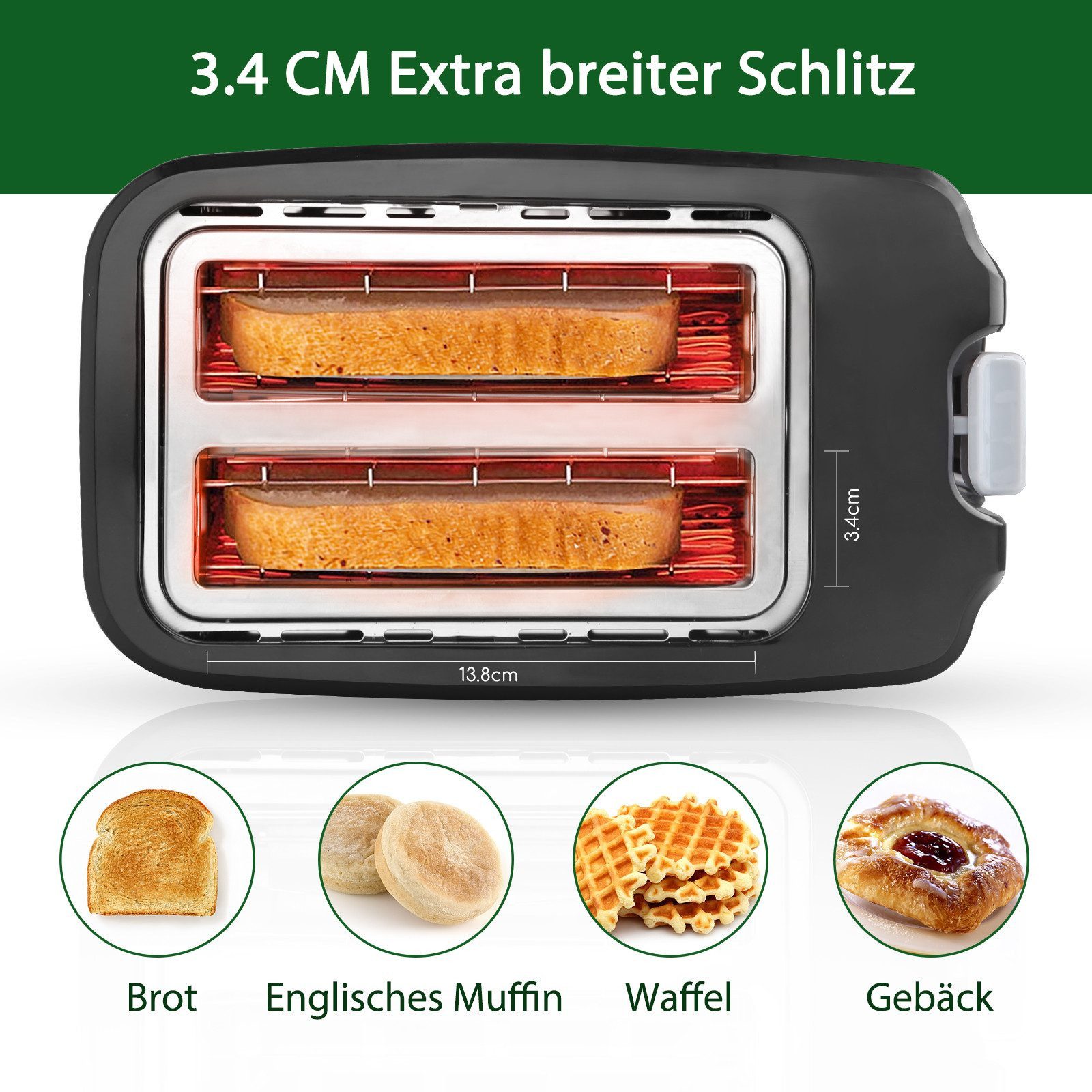 Toaster 7 Einstellbare Bräunungsstufe, 2 Breite Toastschlitze, Sandwichtoaster