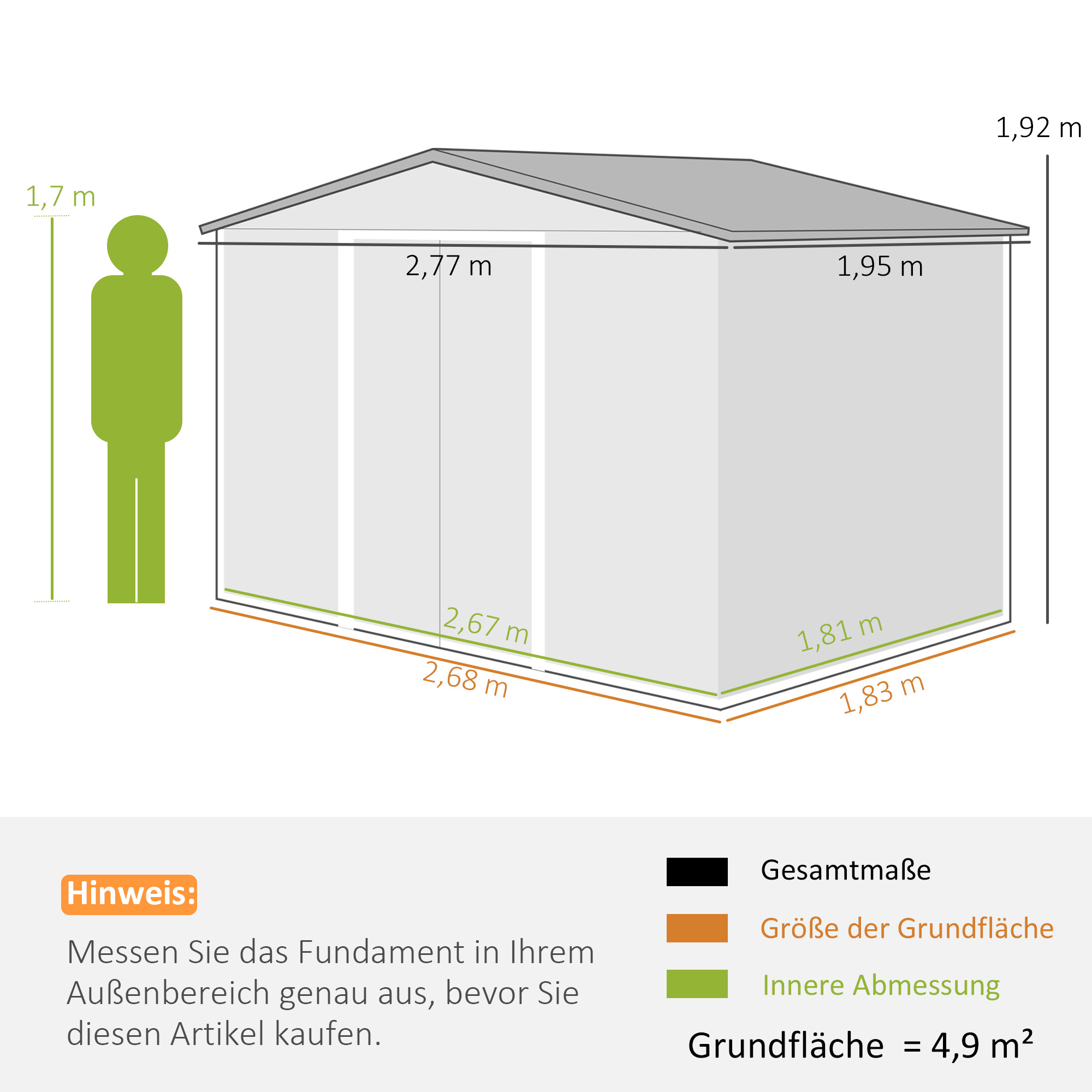 Metalen tuinschuur met schuifdeuren en ventilatieramen, 277 x 195 x 192 cm, lichtgrijs