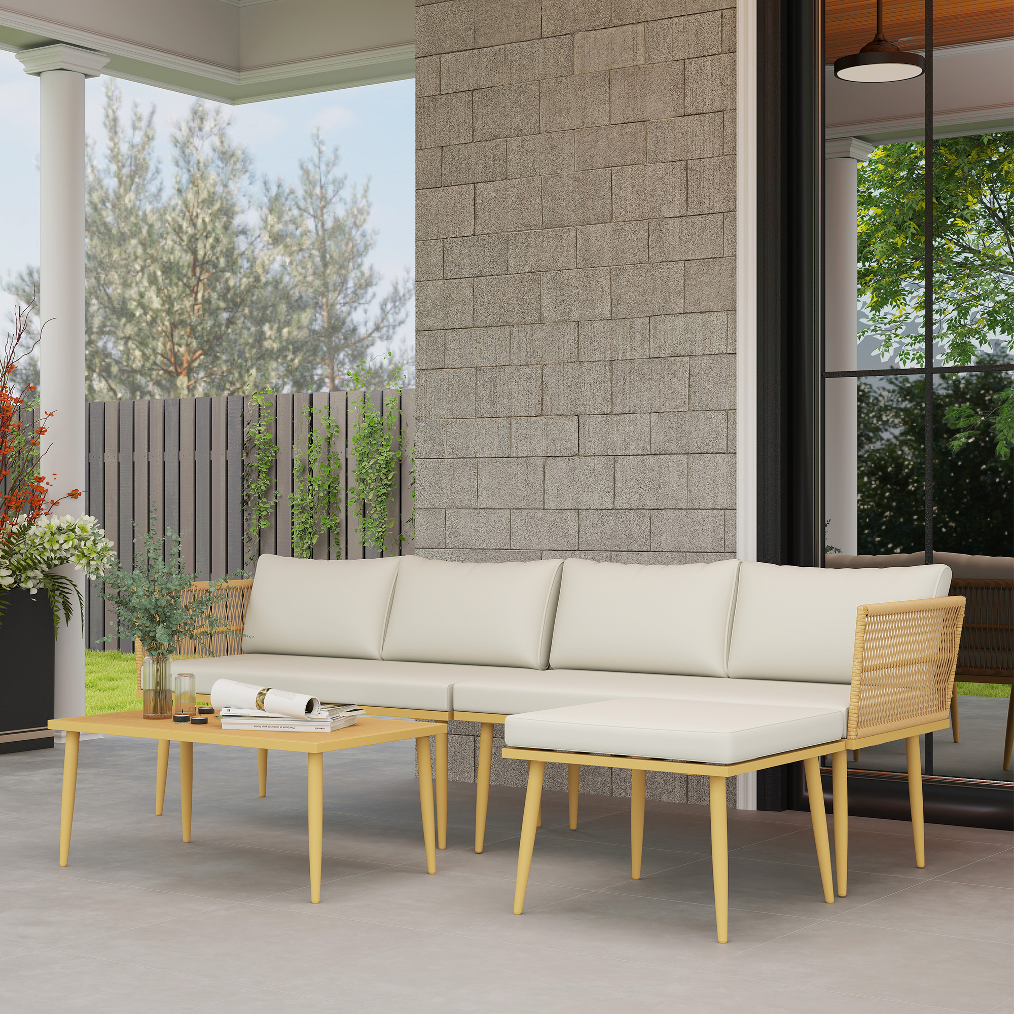 Outsunny Gartenmöbel-Set im Freien aus wetterfestem Kunststoffgeflecht für 5 Personen mit 2 Zweisitzer-Sofas, Hocker und Couchtisch, Kissen inklusive, Creme