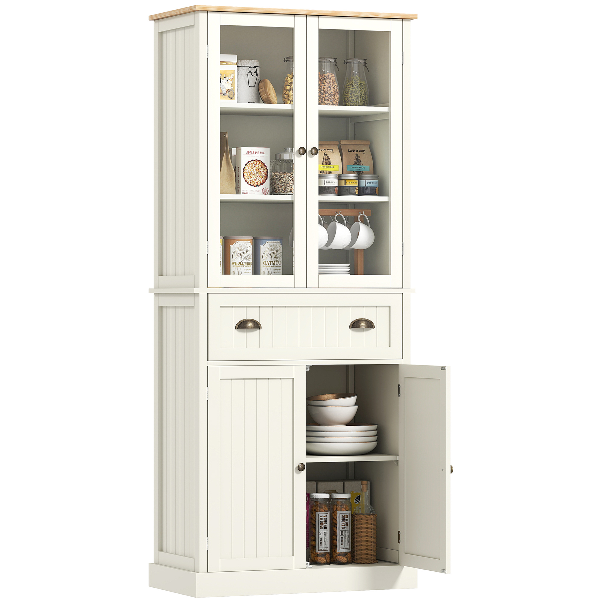 HOMCOM Küchenschrank im Landhausstil, 2 Schränke, 2 Schubladen, 2 Glastüren mit Fenstersprossen 76 cm x 4 0cm x 182,5 cm