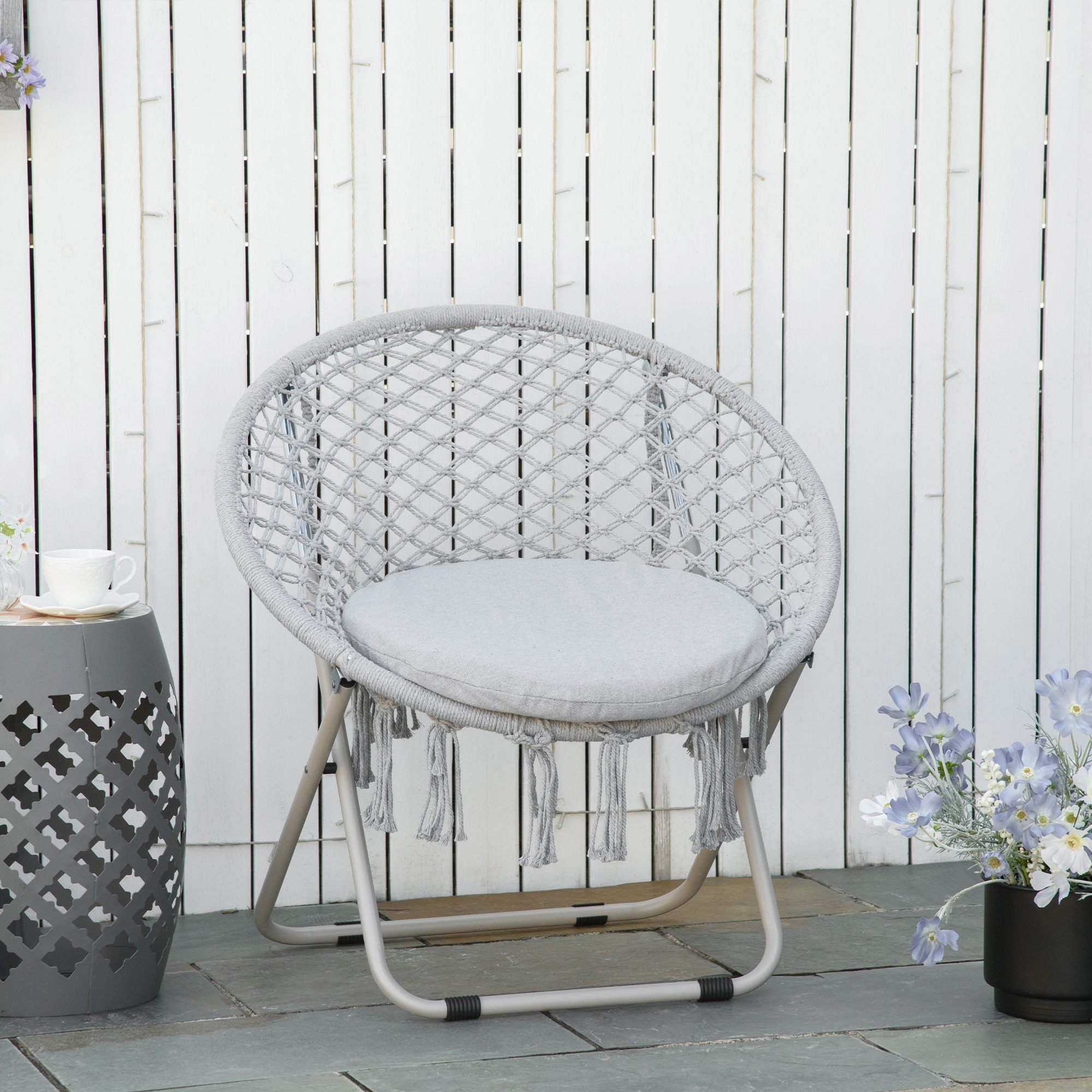 Outsunny Hängesessel Runder Gartenstuhl Mond Papasan Klappbarer großer Komfort Makramee Baumwolle Polyester Grau