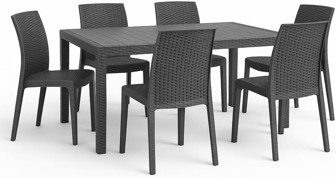 Tomaino - Set of 6 Stackable Plastic Garden Chairs and Chairs - Outdoor Chair and Table Dining Set 6 Seater Polypropylene Rattan Effect - 150 x 90 x 74h cm - for Balcony, Terrace (Black)