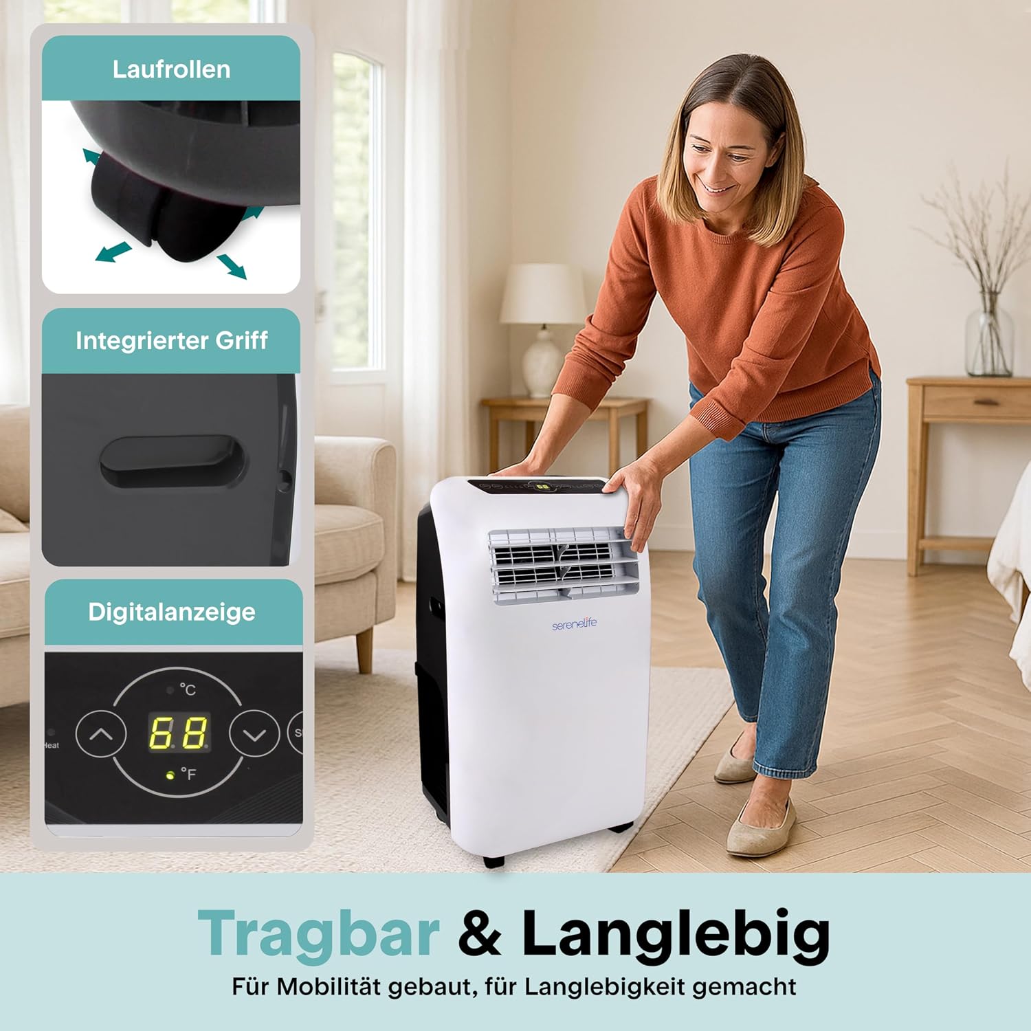 SereneLife Mobile Klimaanlage 4 kW 9000 BTU – L52 dB Leises Klimagerät für Schlafzimmer bis 20 m², Angenehme Kühlung an heißen Tagen, mit Entfeuchter, Lüfter & Fernbedienung