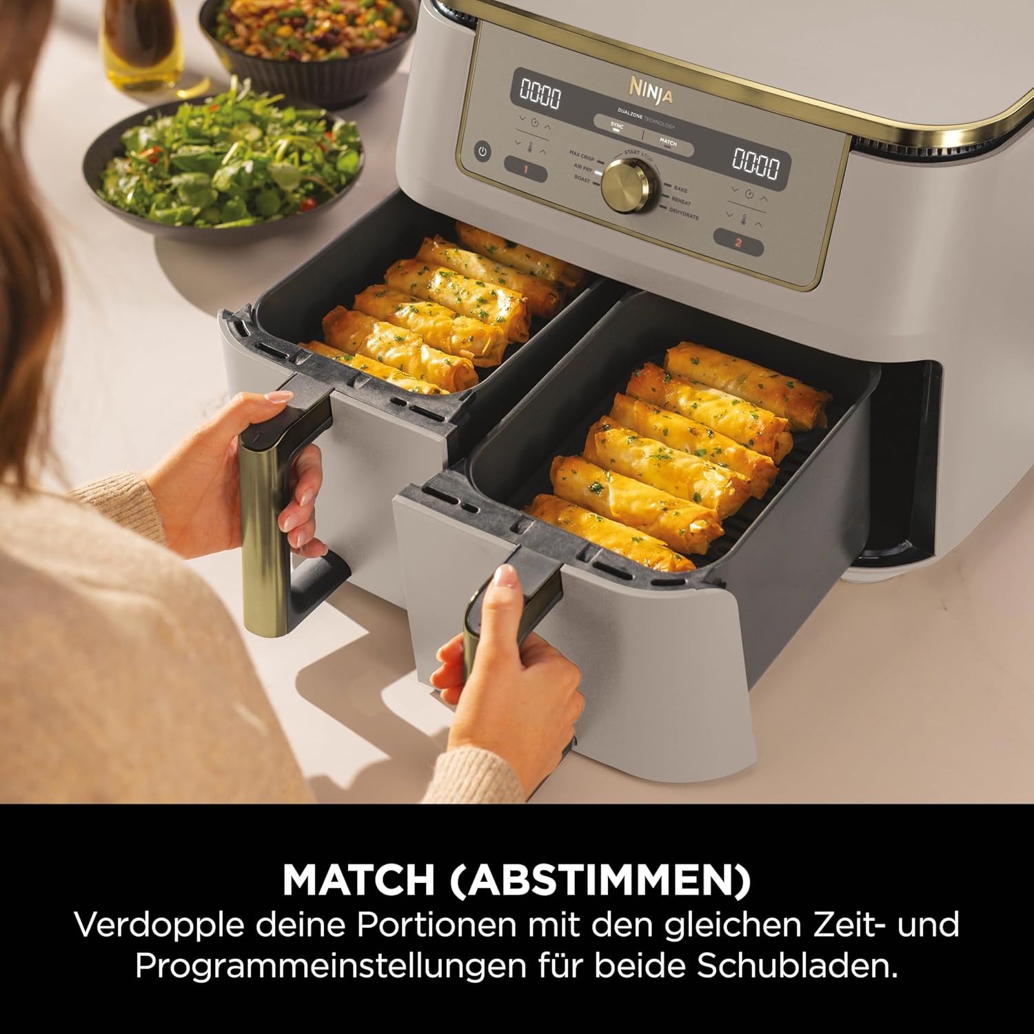 Ninja Dual Zone Digital Air Fryer, 2 Schubladen, 6-in-1, Heißluftfritteuse, 9,5L, Heißluft-Frittieren, Max Crisp, Rösten, Backen, Aufwärmen, Spülmaschinenfeste Körbe, Stone/Gold DZ400EUSTGD