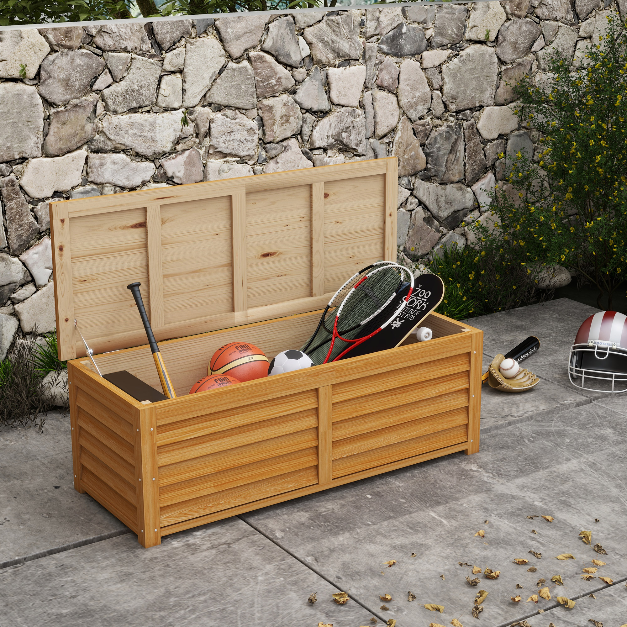 Outsunny Aufbewahrungstruhe für den Außenbereich Garten 176L aus Holz mit Griff, Maße: 130L x 50B x 45H cm
