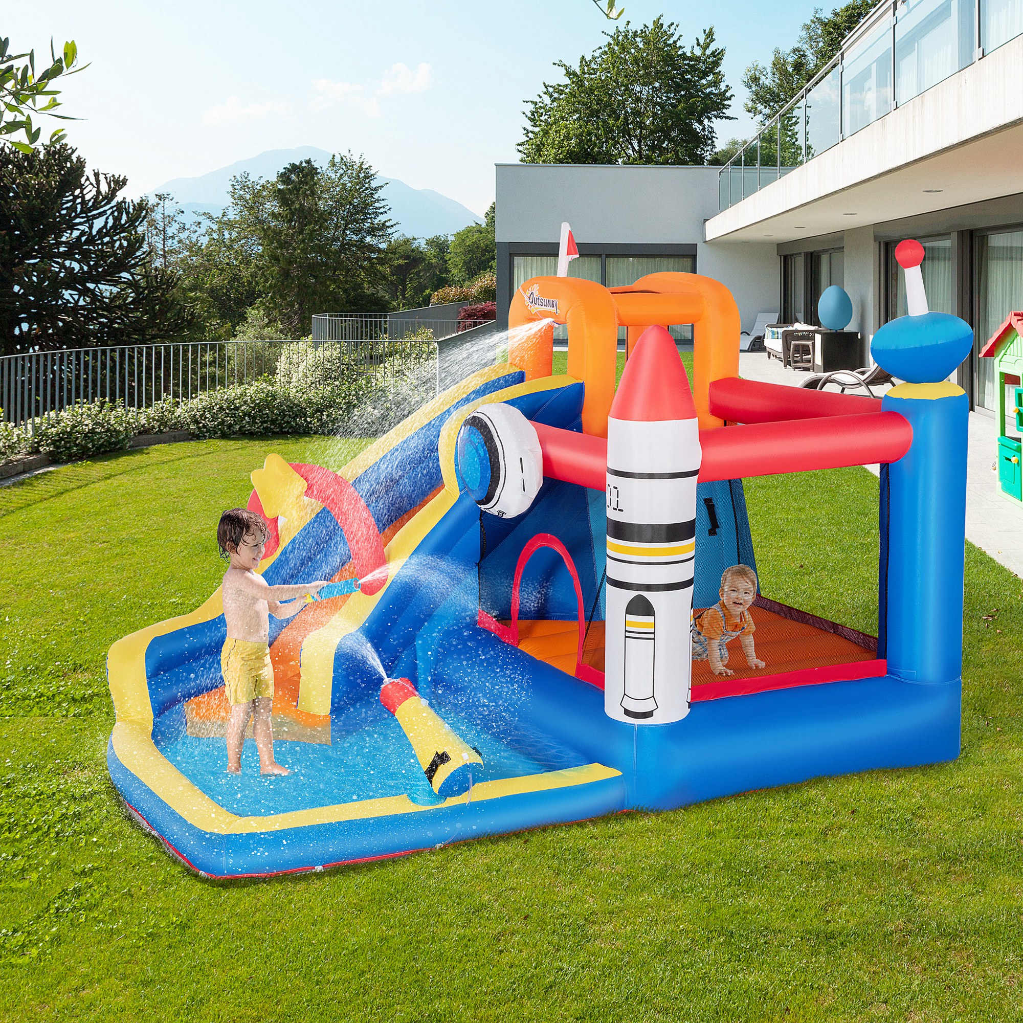 Outsunny Aufblasbares Spielzeug für Kinder 3-8 Jahre mit Weltraumthema inklusive Tragetasche, 11 Pfähle und Patches, 340x270x227 cm