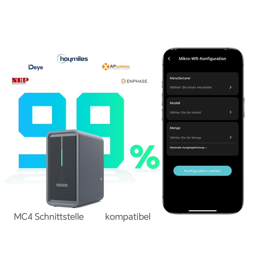 Marstek B2500 Balkonkraftwerk mit Speicher/500W Solarpanel/Intelligenter Zähler: 19% MwSt, 4480Wh LiFePO4 Solarbank Speicher, 2 MPPTs, 1600W Max. PV Solareingang & 800W DC-Ausgang, IP65, Plug&Play