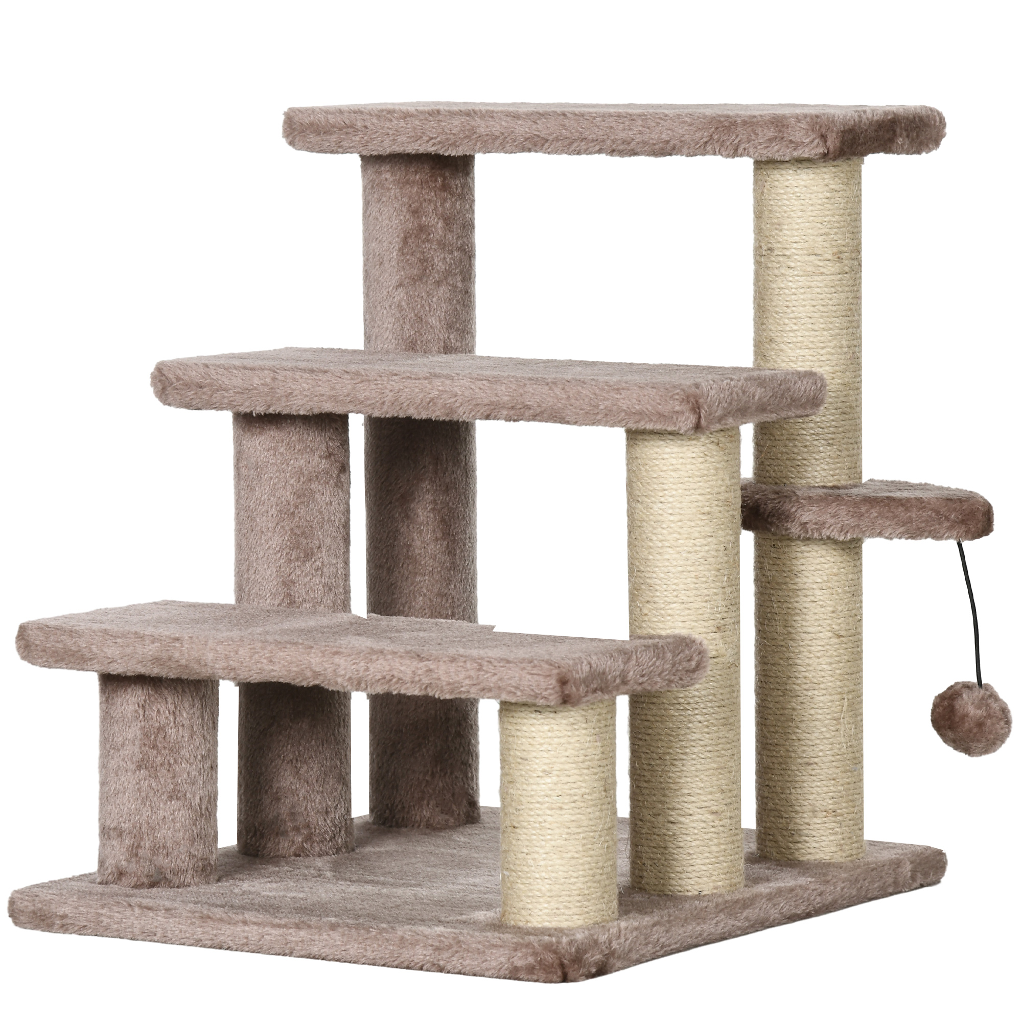 PawHut Kratzbaum, Haustiertreppe, 3 Stufen, Spielball, bis 5 kg, 45x40x48cm, Braun
