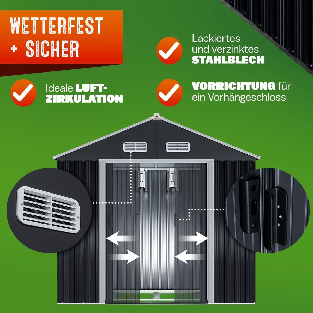 GARDEBRUK® XL Metall Gerätehaus 2m² mit Fundament 196x132x188cm Schiebetür Anthrazit Geräteschuppen Gartenhaus Schrank 4m³