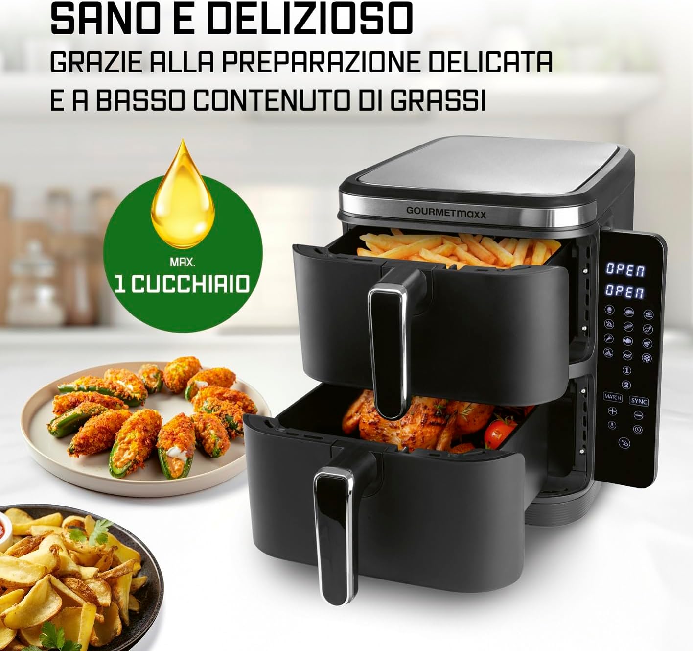GOURMETmaxx FryUp Friggitrice verticale ad aria calda a doppia camera | Friggitrice 10 litri | 4 piatti su 4 livelli | Display touch richiudibile | 32% in più di risparmio di spazio | Calda 2 camere