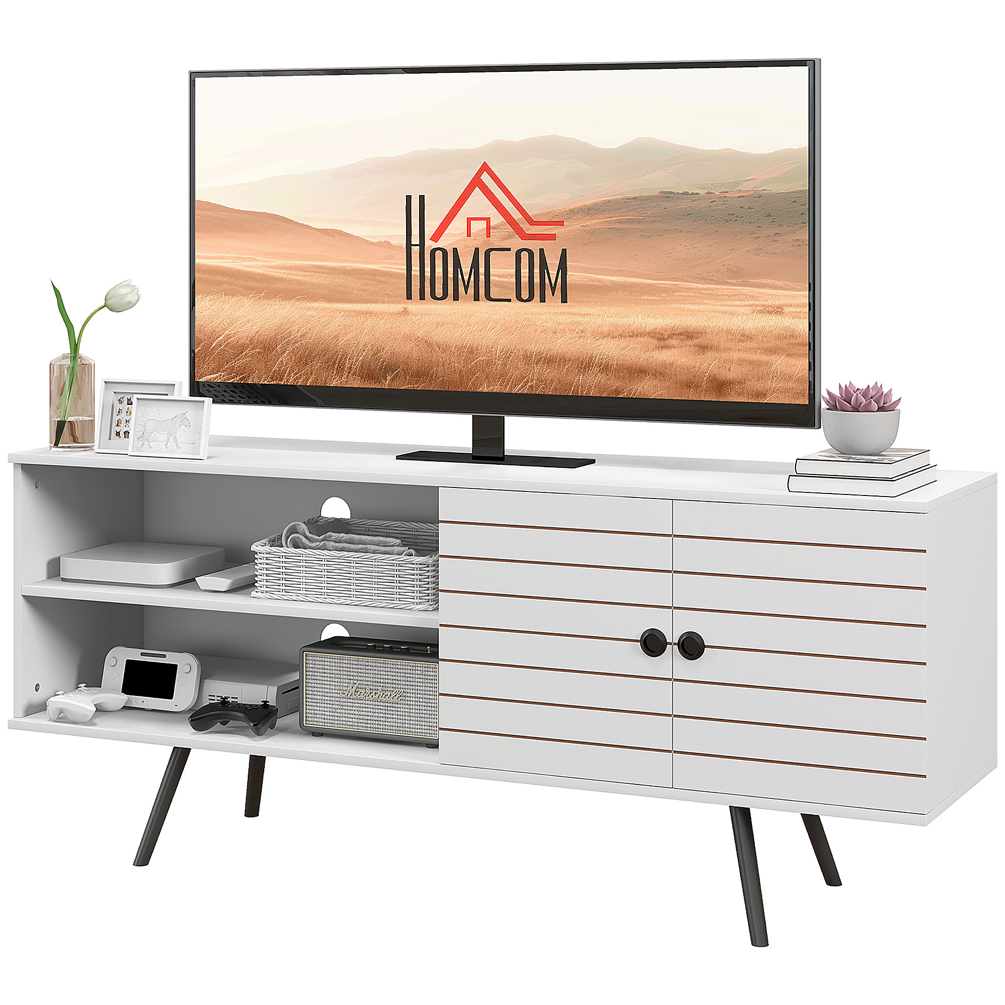 HOMCOM TV-Möbel für Fernseher bis zu 65 Zoll mit 2 offenen Fächern und 1 verstellbarem Regal 145x38x65 cm Weiß