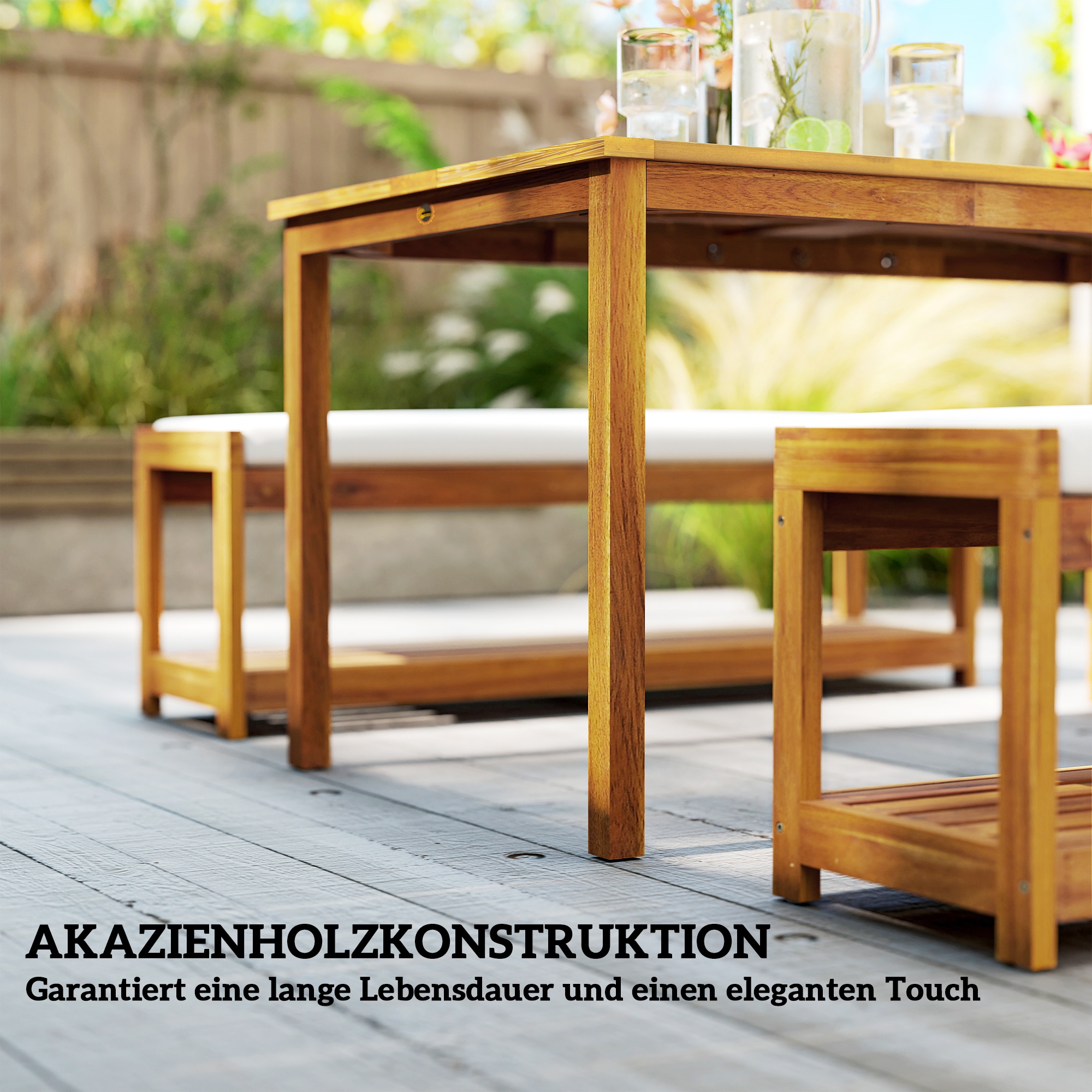 3-delig Tuinmeubelset, Zitgroep incl. 1 Eettafel met Parasolgat, 2 Banken 150 x 85 x 75 cm Teak