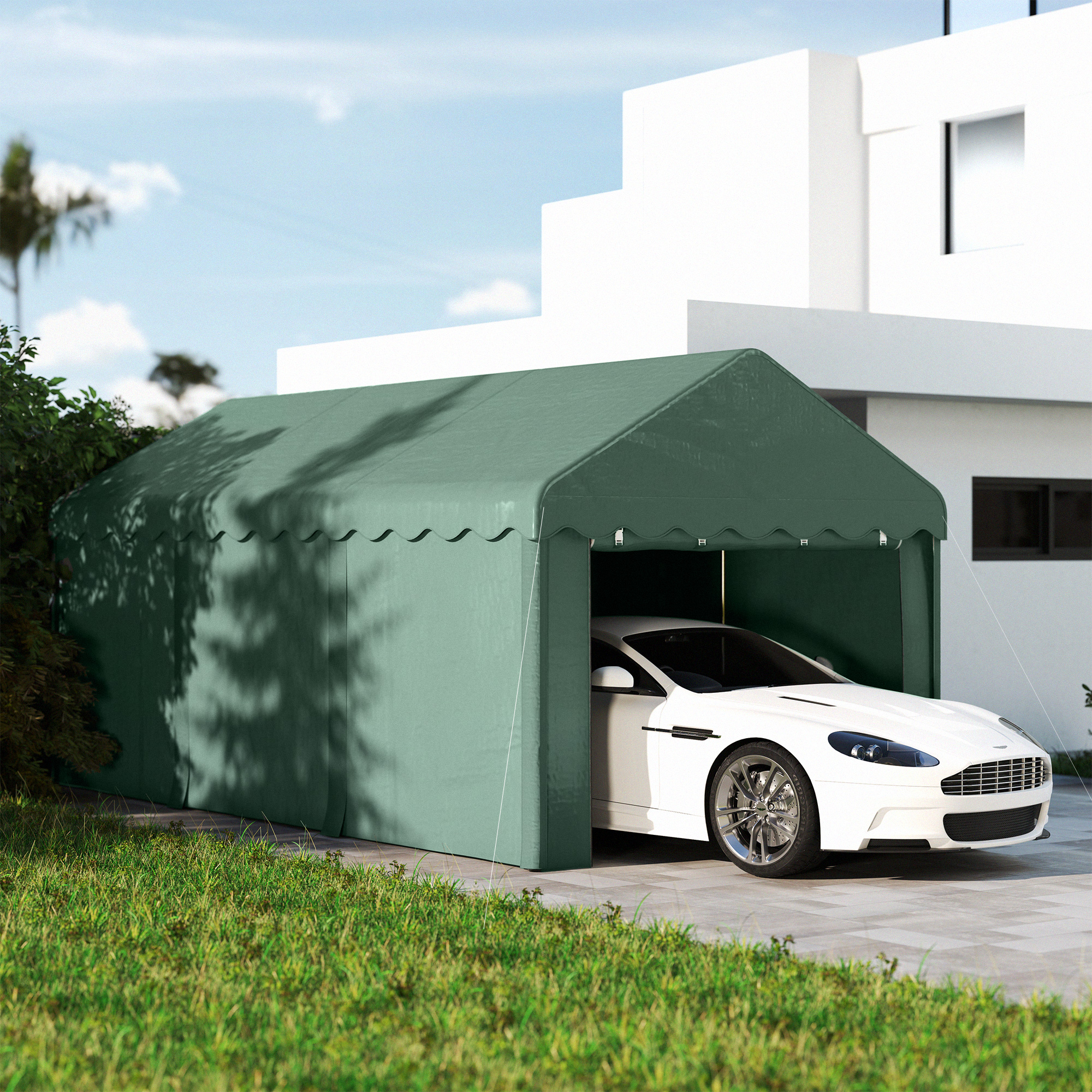 Outsunny 3x6 m Draagbare Carport, Voertuigonderstand met 2 Ingangen, Polyester Dak, voor Auto's, Boten, Tuingereedschap, Donkergroen