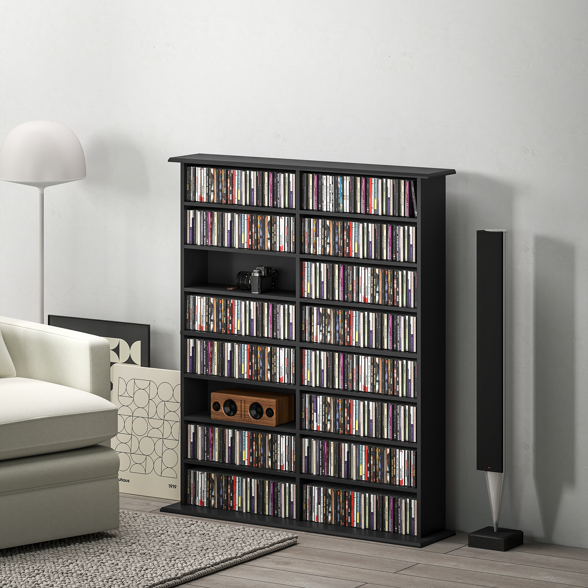 HOMCOM Mobiles CD-Regal mit 16 Regalen im modernen Design aus Holz, 106,5x24x123,7 cm, Schwarz