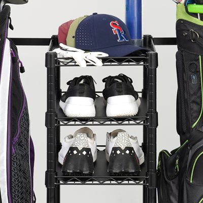 Adjustable Shelves on golf rack holding shoes, hats, and gloves
