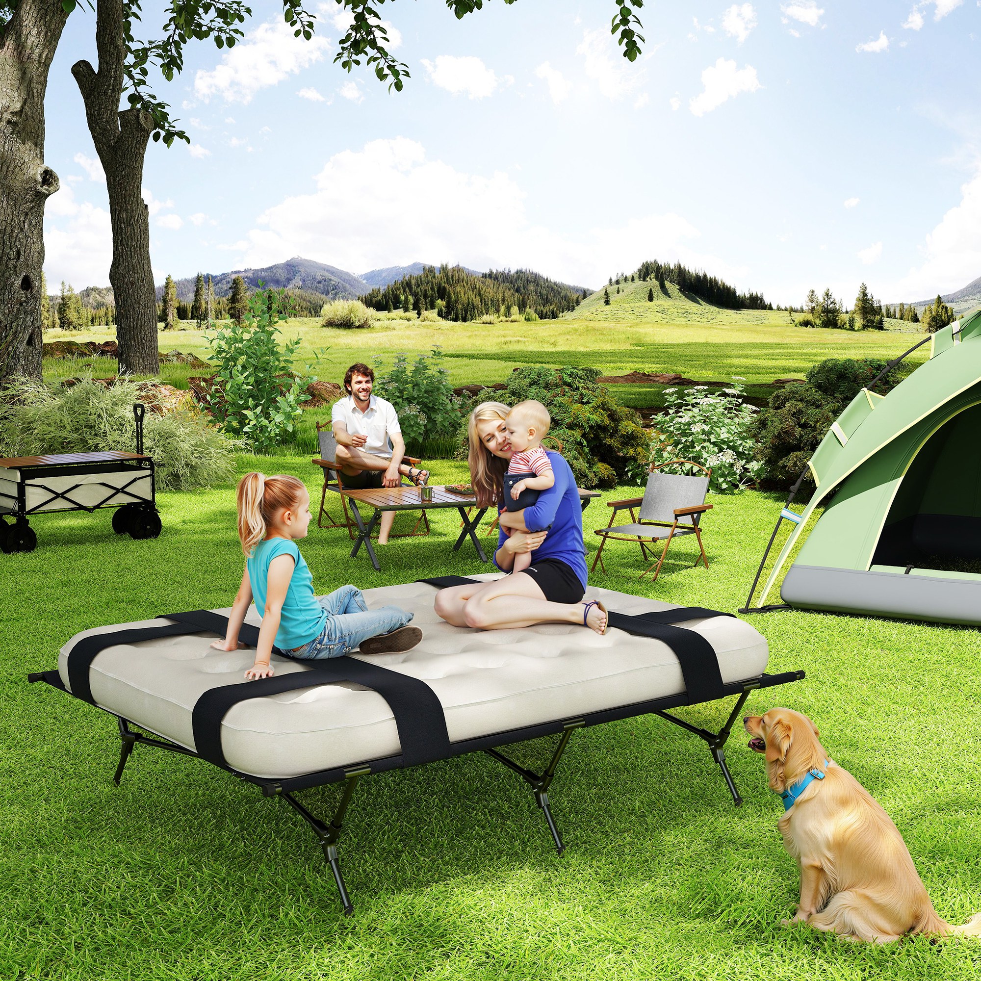 Outsunny Feldbett Campingbett mit Luftmatratze Pumpe 200 x 153 cm belastbar bis 200 kg Schwarz+Khaki