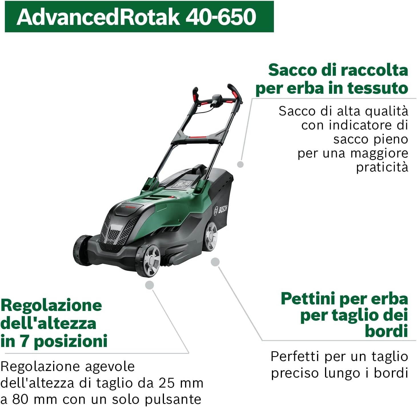 Bosch Potente Rasaerba a Filo AdvancedRotak 40-650, per il Taglio del PratoC, Potenza Motore 1700 W, Larghezza di Taglio 40 cm