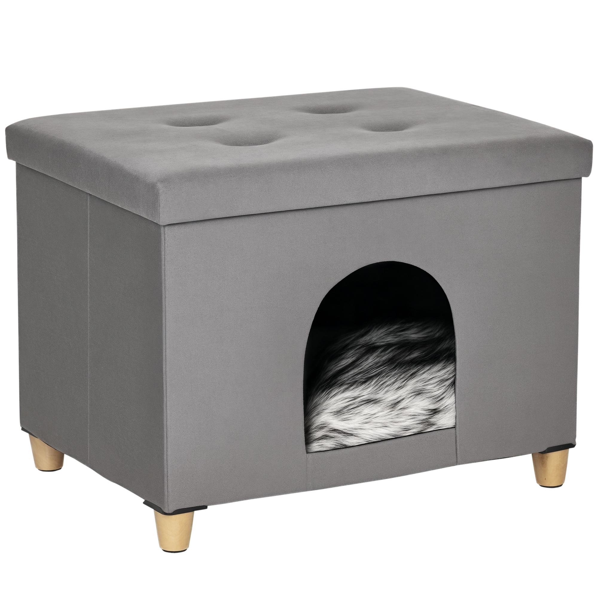 PawHut 2-IN-1 Katzenhöhle Fußhocker mit Kissen Holzbeine Katzenhaus Katzenkorb weich gepolstert Ottomane elegantes Design abnehmbar MDF Plüsch Grau 60 x 45 x 44,5 cm