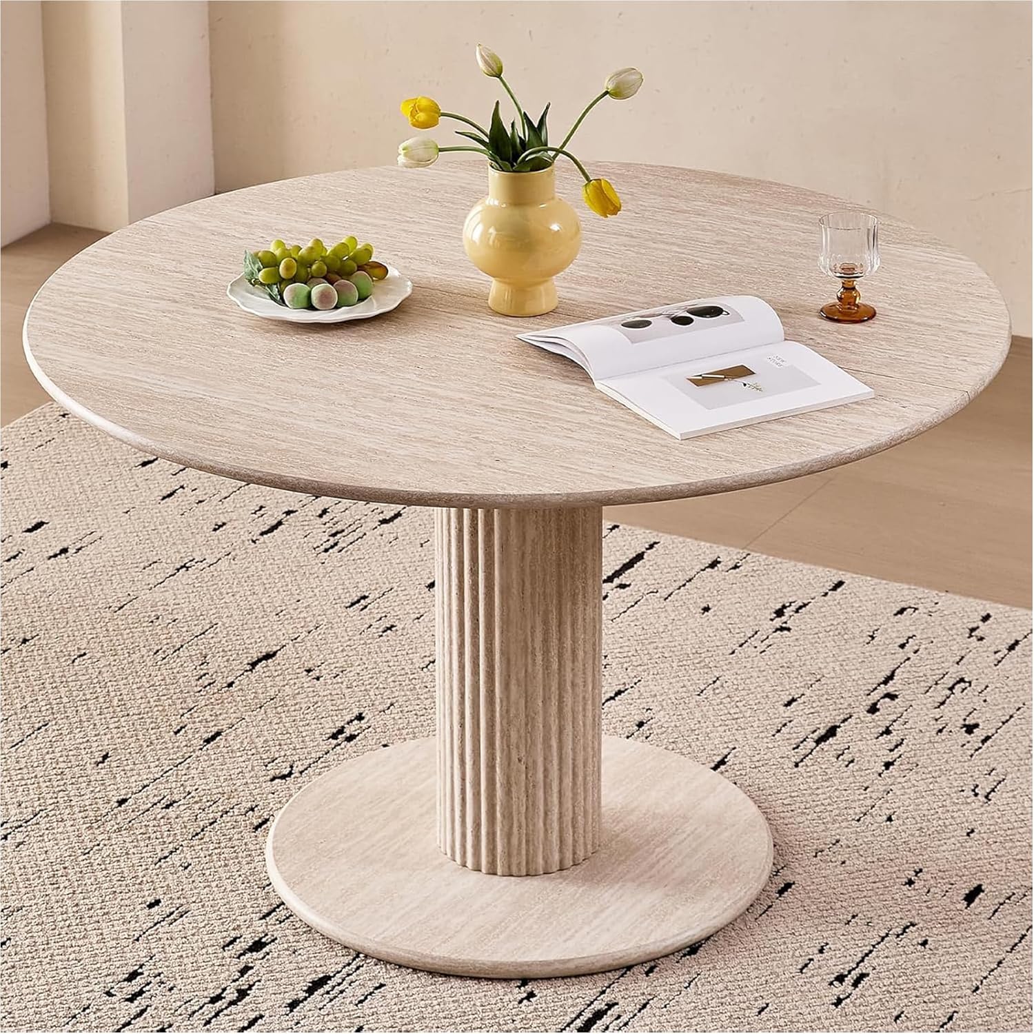 115cm Runder Esstisch mit 4 Esstischstühlen, Küchentisch aus MDF (Travertin-Maserung) und 4 Stühle für Küche, Esszimmer, Wohnzimmer und Büro (Beige)