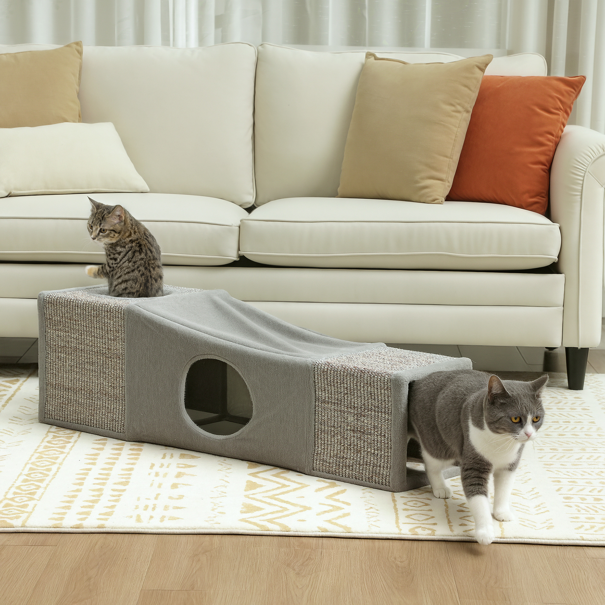 PawHut Katzentunnel, 2 Katzenhöhlen, Kratzflächen und Ballspielzeug, 98 cm x 30 cm x 30 cm, Braun + Grau