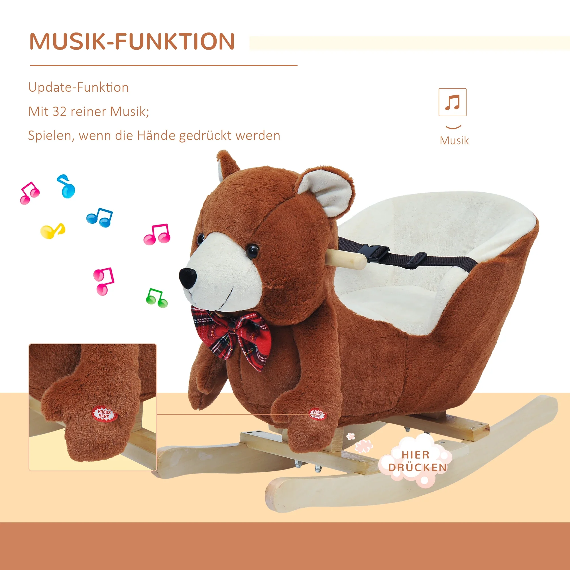 HOMCOM Schaukeltier Bär mit Musik Sicherheitsgurt Plüsch