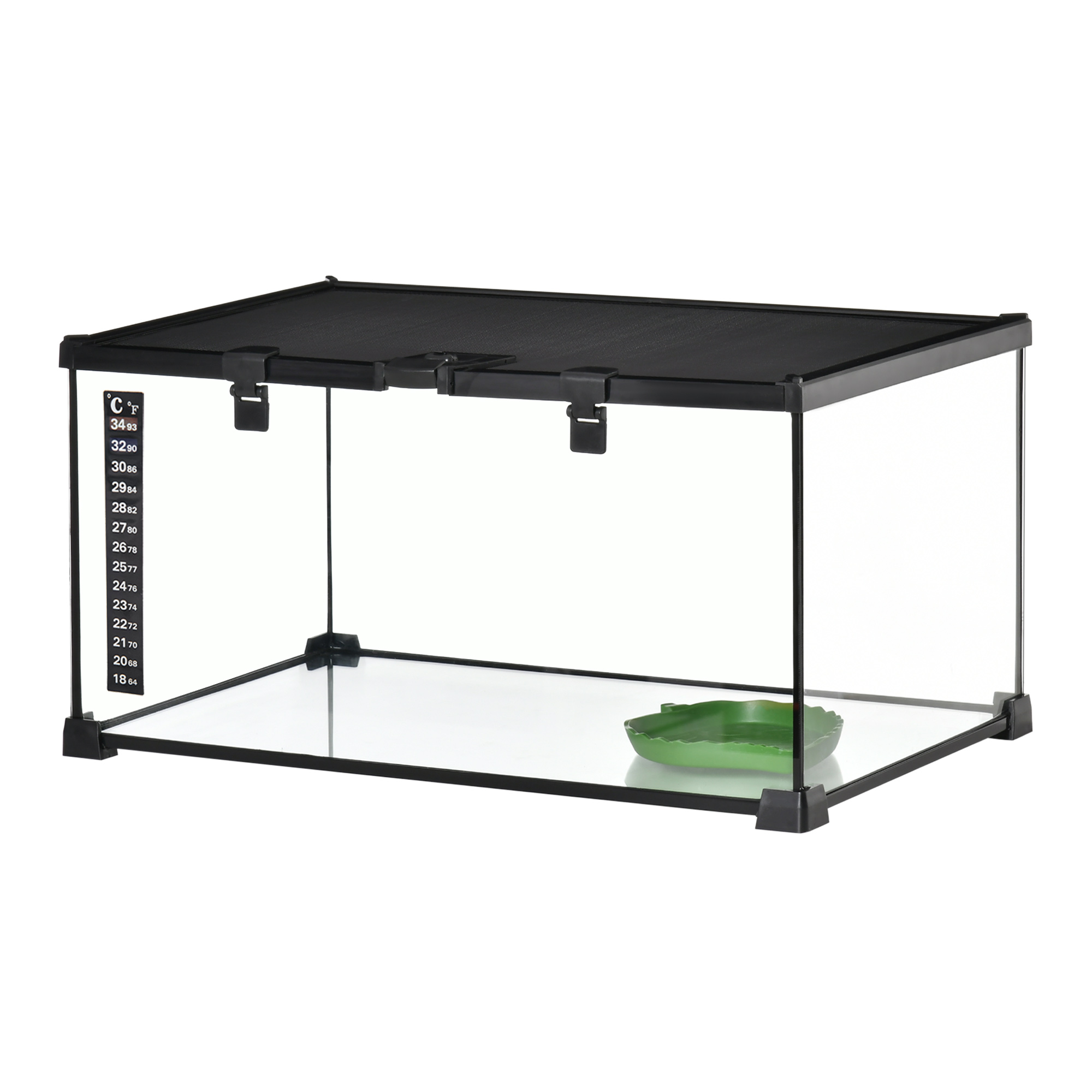 PawHut Reptilienbox Terrarium, inkl. Streifenthermometer, Fütterungsklappen, 50 cm x 30 cm x 25 cm, Glas + Metall, Schwarz