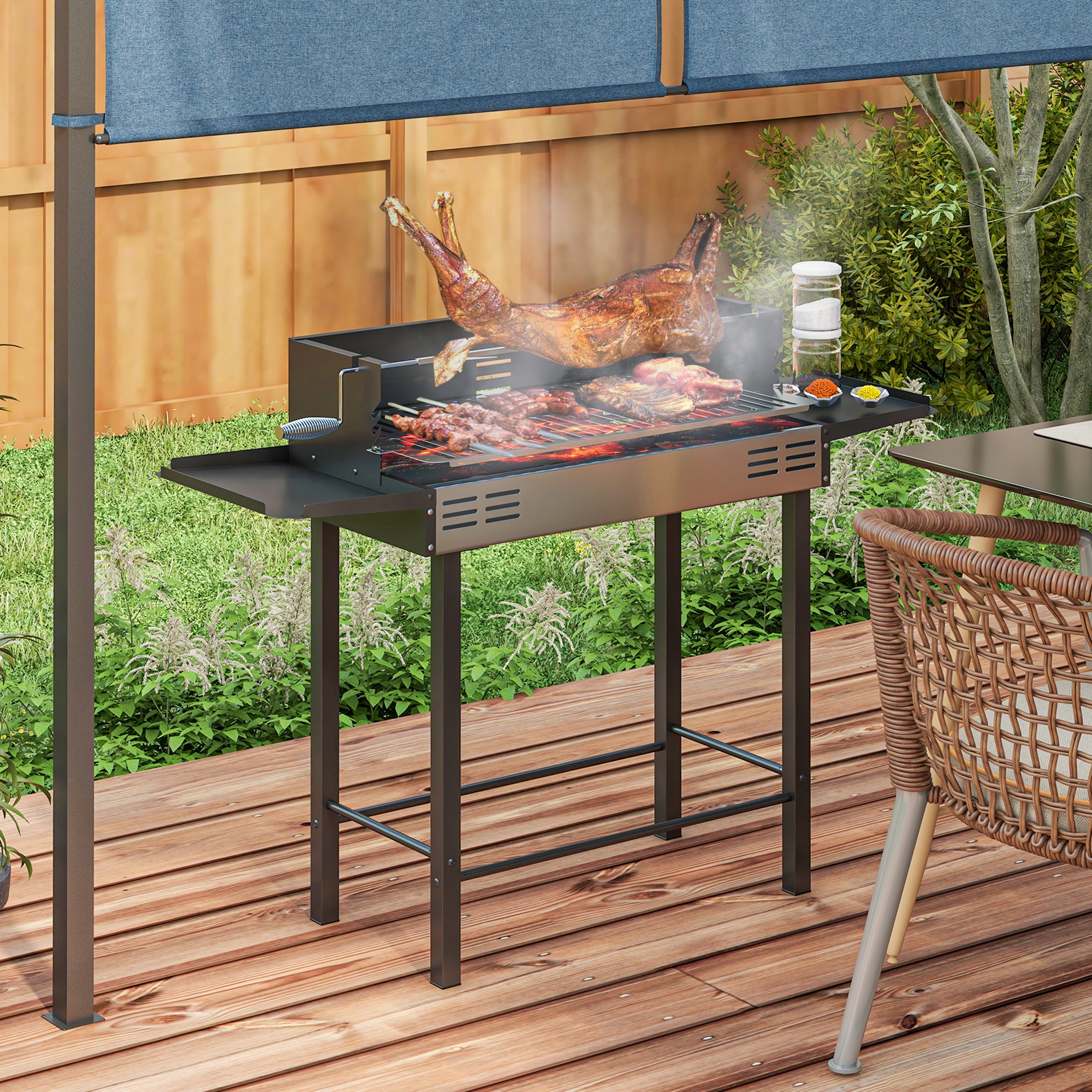 Outsunny Holzkohlegrill Grill BBQ-Grill, verstellbares Rost, 1 Drehspieß, 118 x 32 x 90 cm, Schwarz + Silber