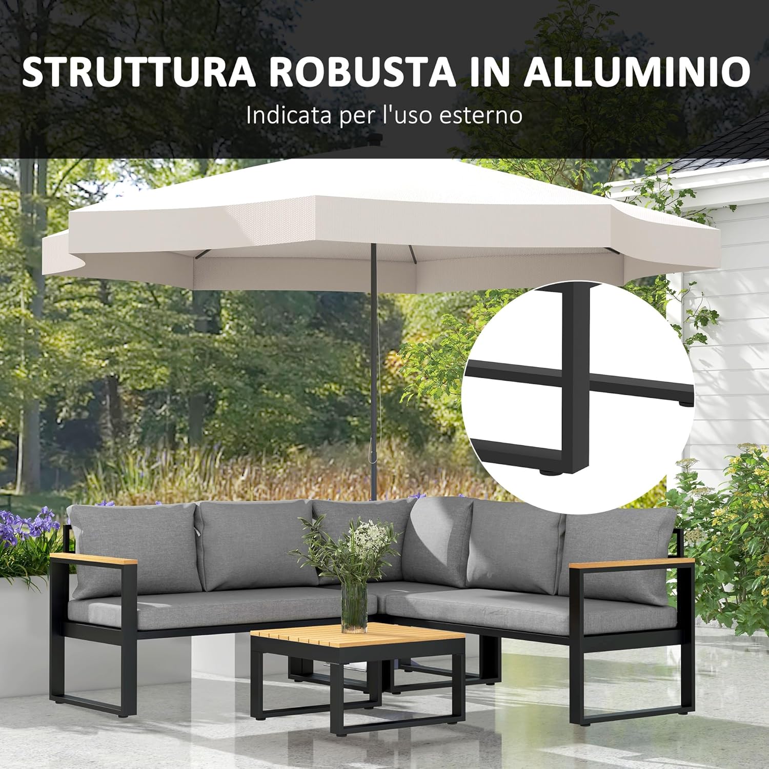 Outsunny 4-Piece Garden Living Room with Outdoor Sofa, 2 Armchairs and Coffee Table, Outdoor Set in Aluminium and Wood Effect Slats, Grey